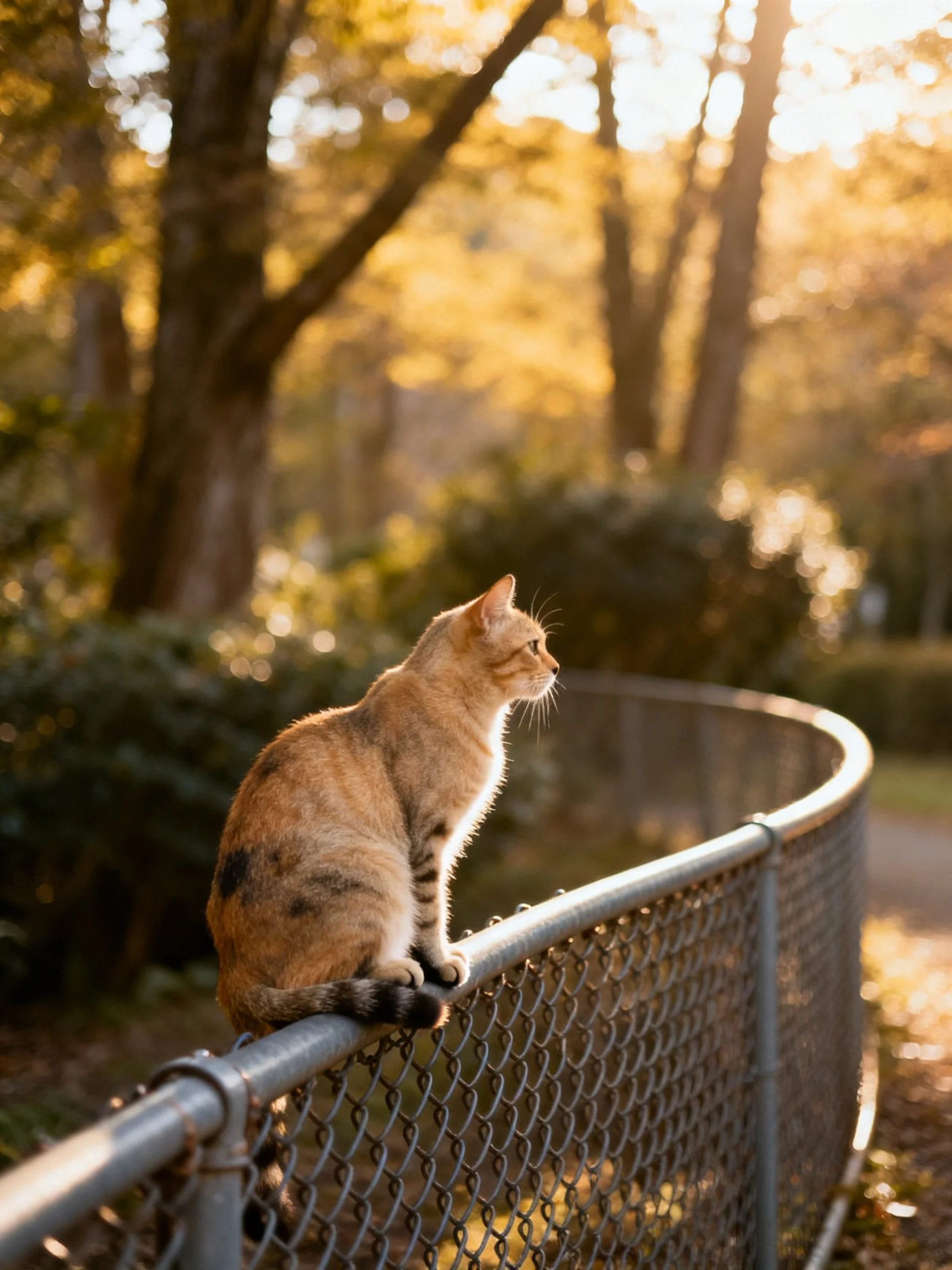 An orange tabby cat perches on a chain-link fence amid sunlit woods