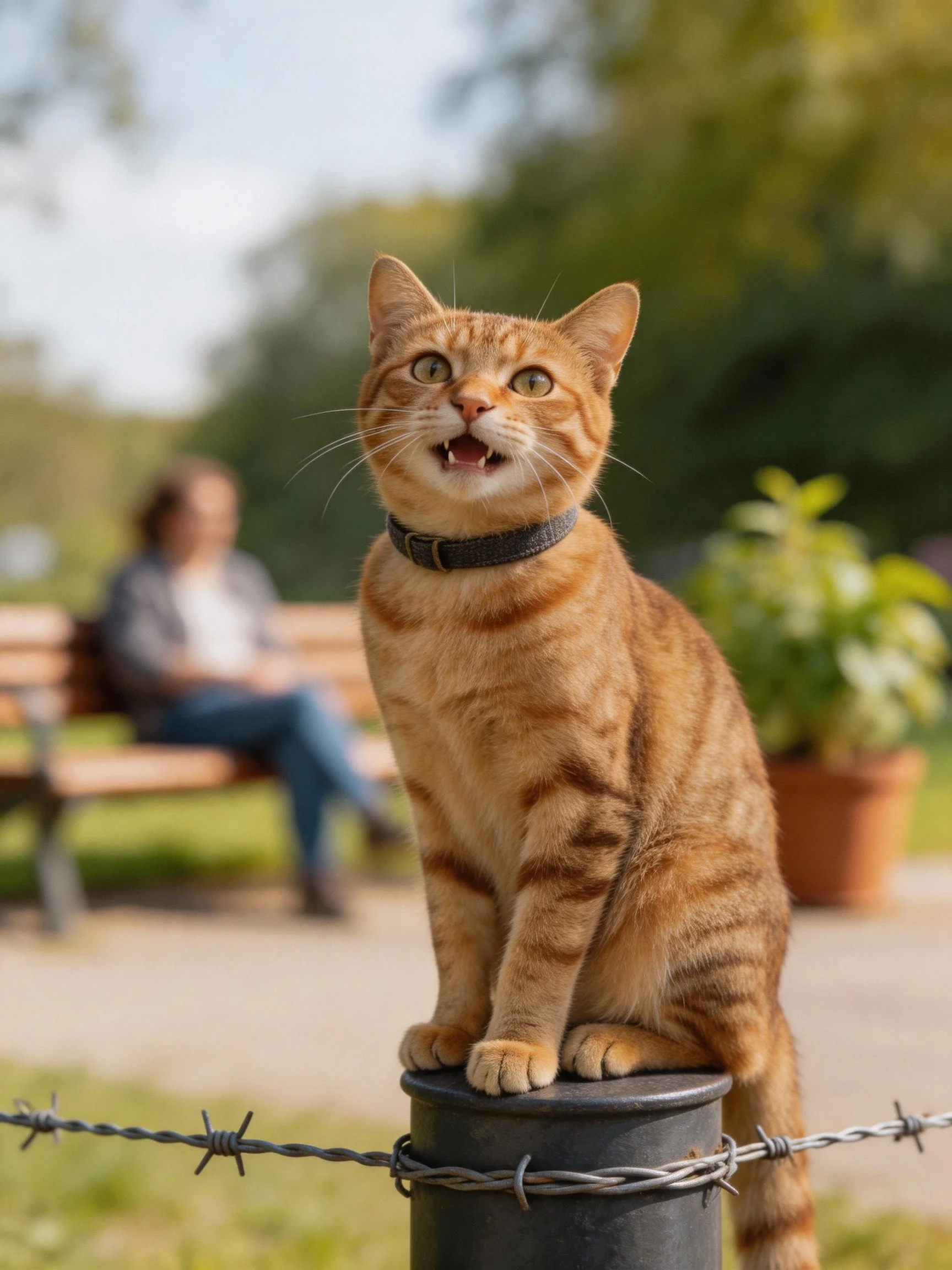 An orange tabby cat perches on a post beside barbed wire