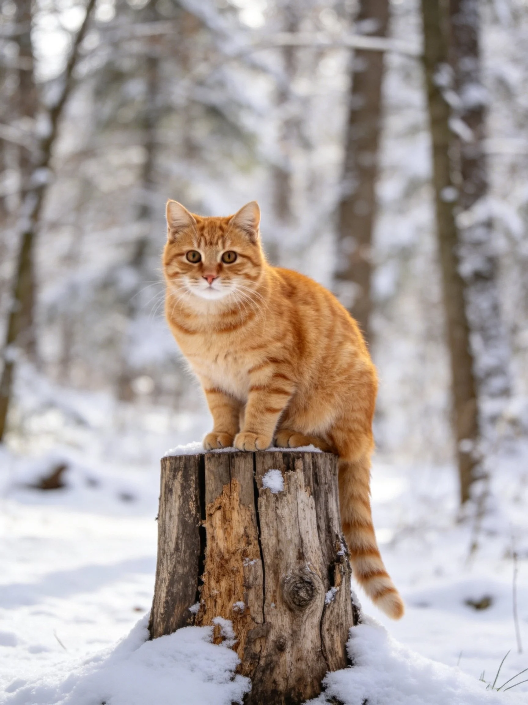 An orange tabby cat perches on a snow-dusted tree stump in a wintry forest