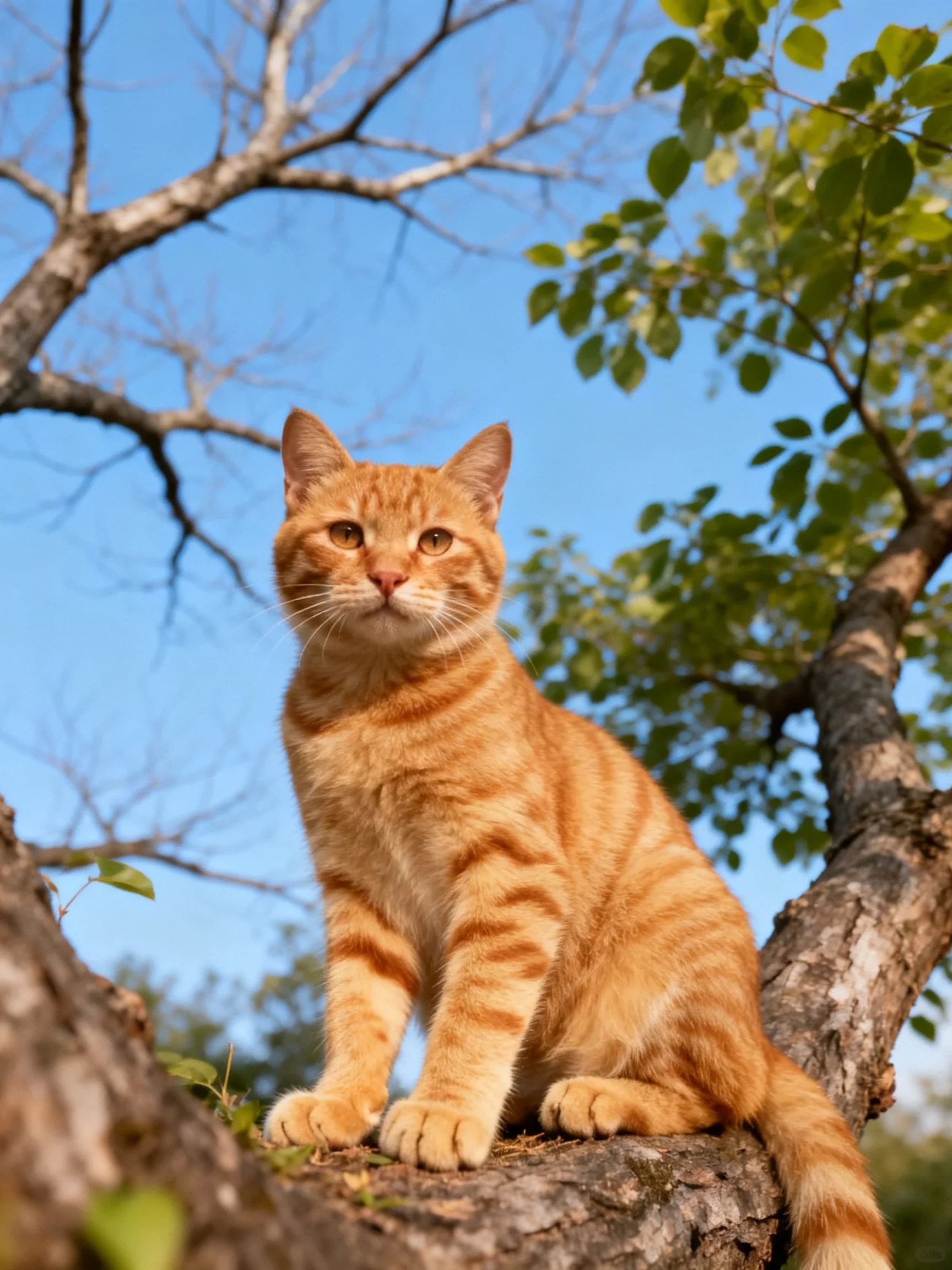 An orange tabby cat sits on a tree branch under a clear blue sky