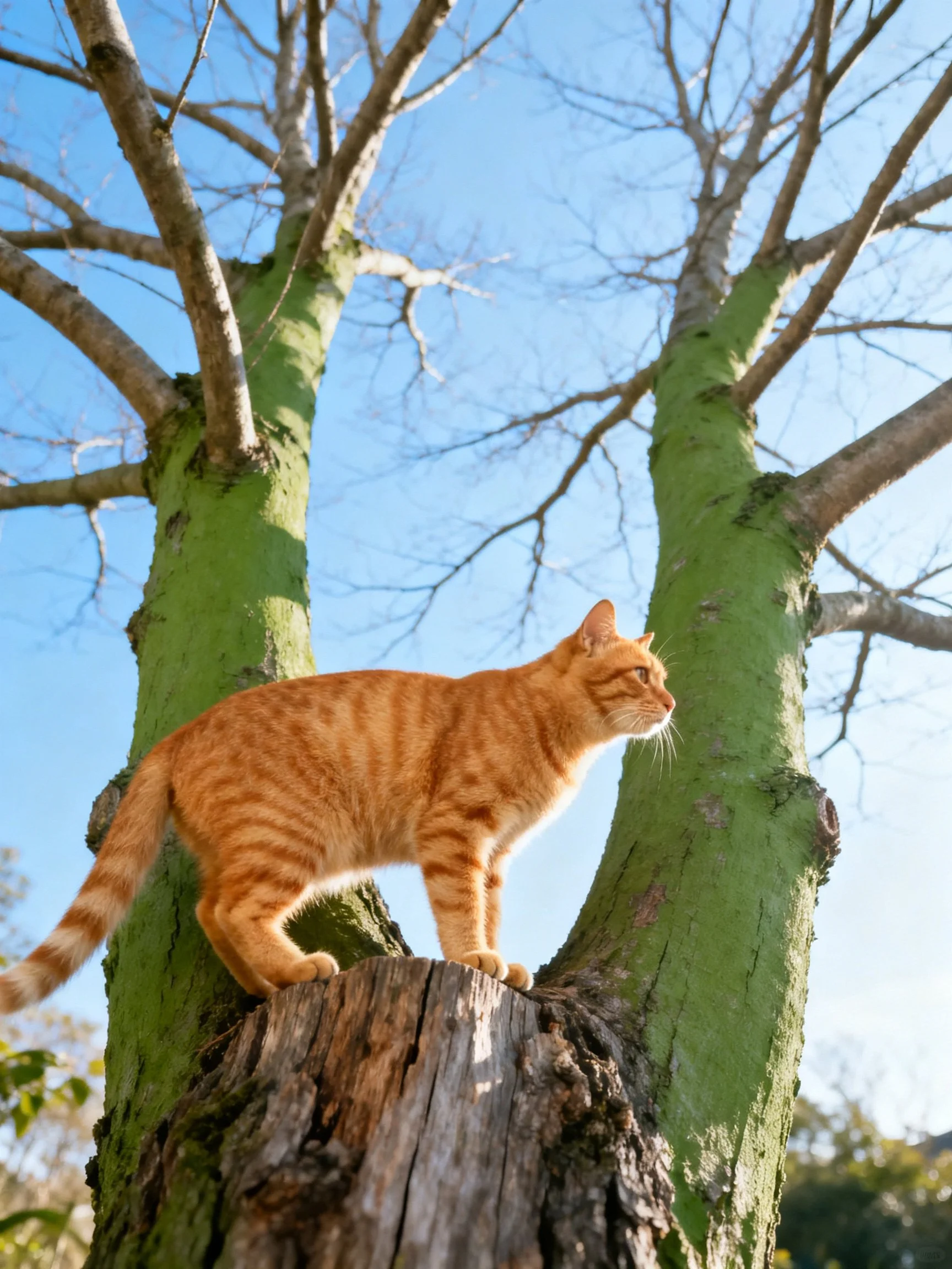 An orange tabby cat perches on a weathered tree stump near green-trimmed trees