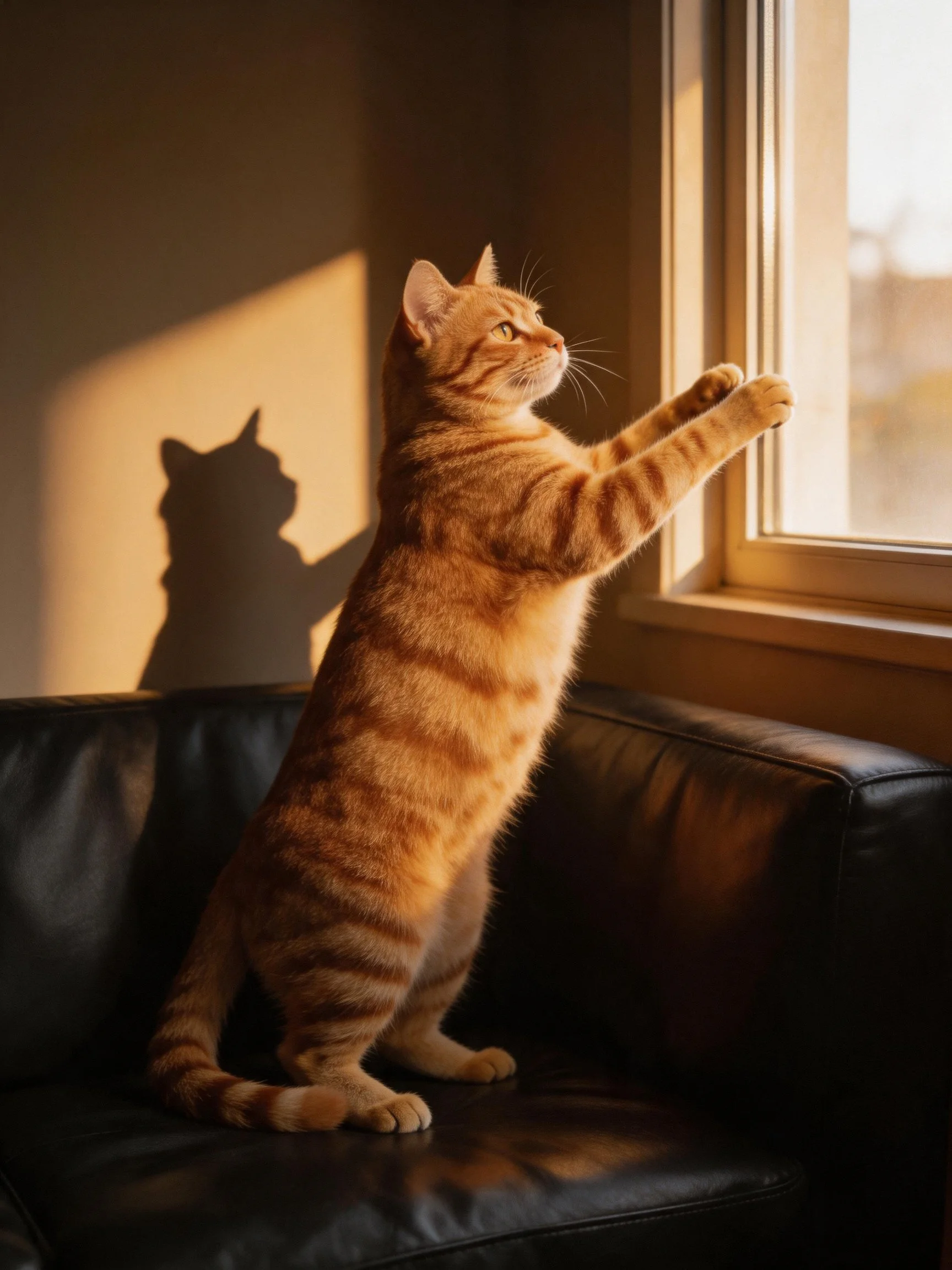 An orange tabby cat reaches toward a sunlit window on a black couch