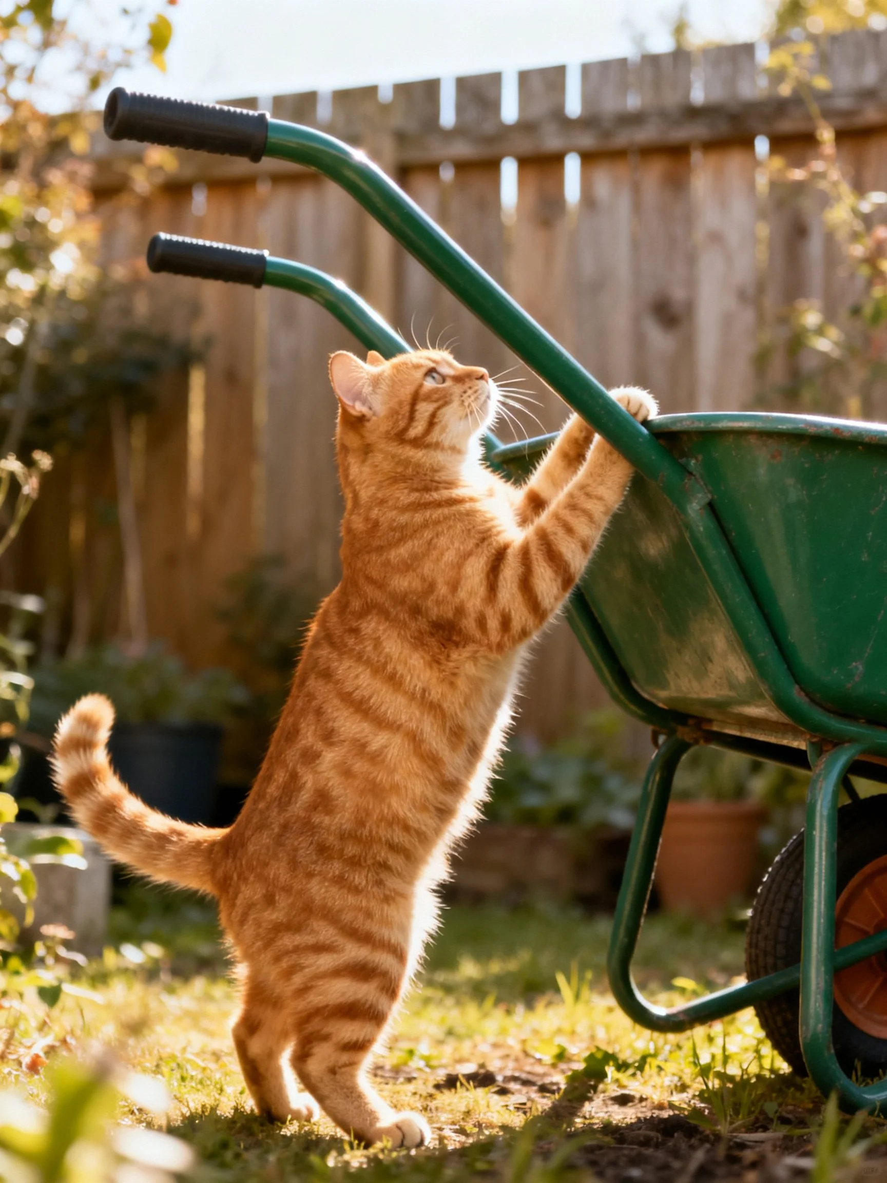 An orange tabby cat reaching for a green wheelbarrow in a backyard