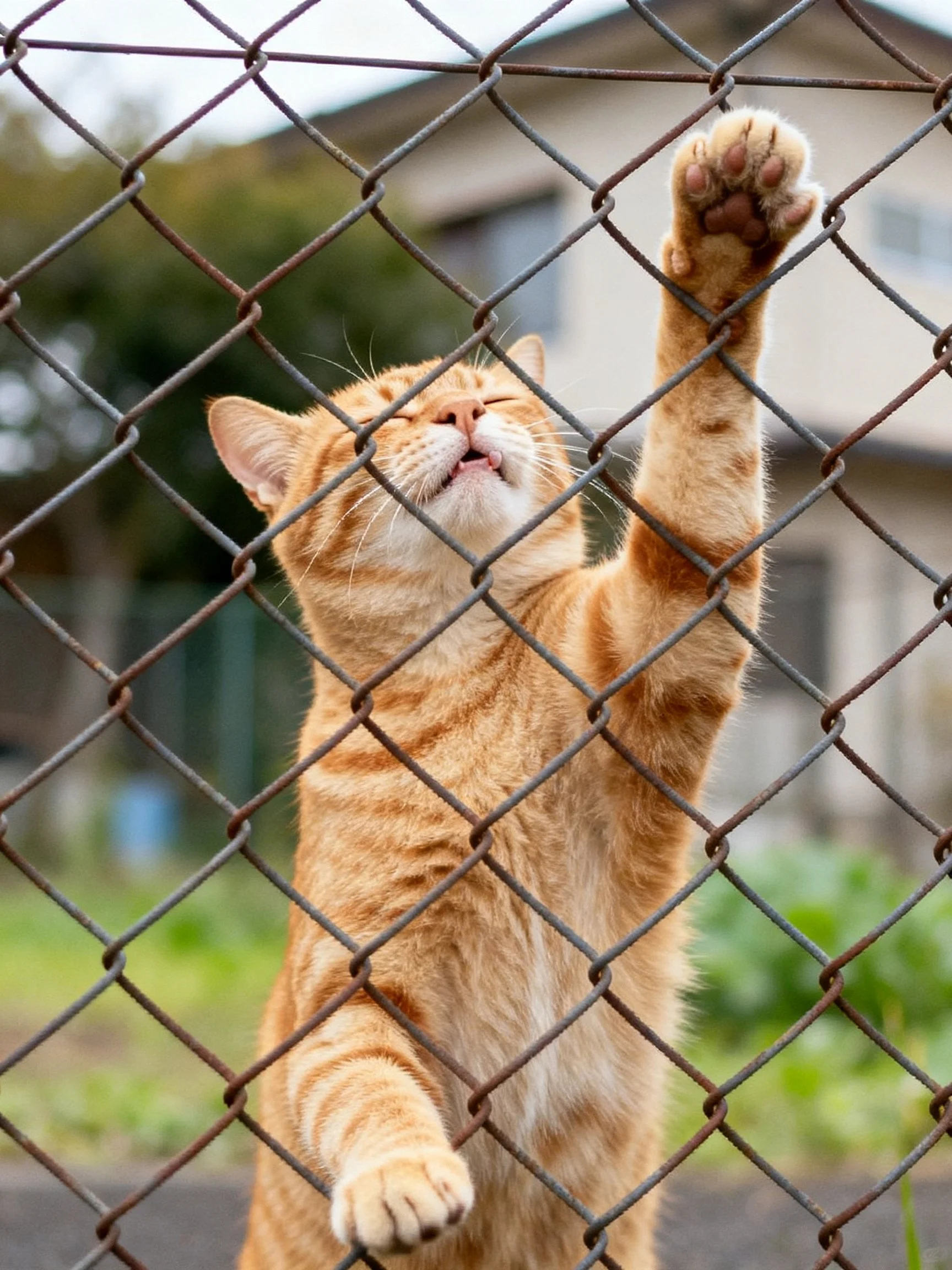 An orange tabby cat reaching upward through a rusty chain-link fence