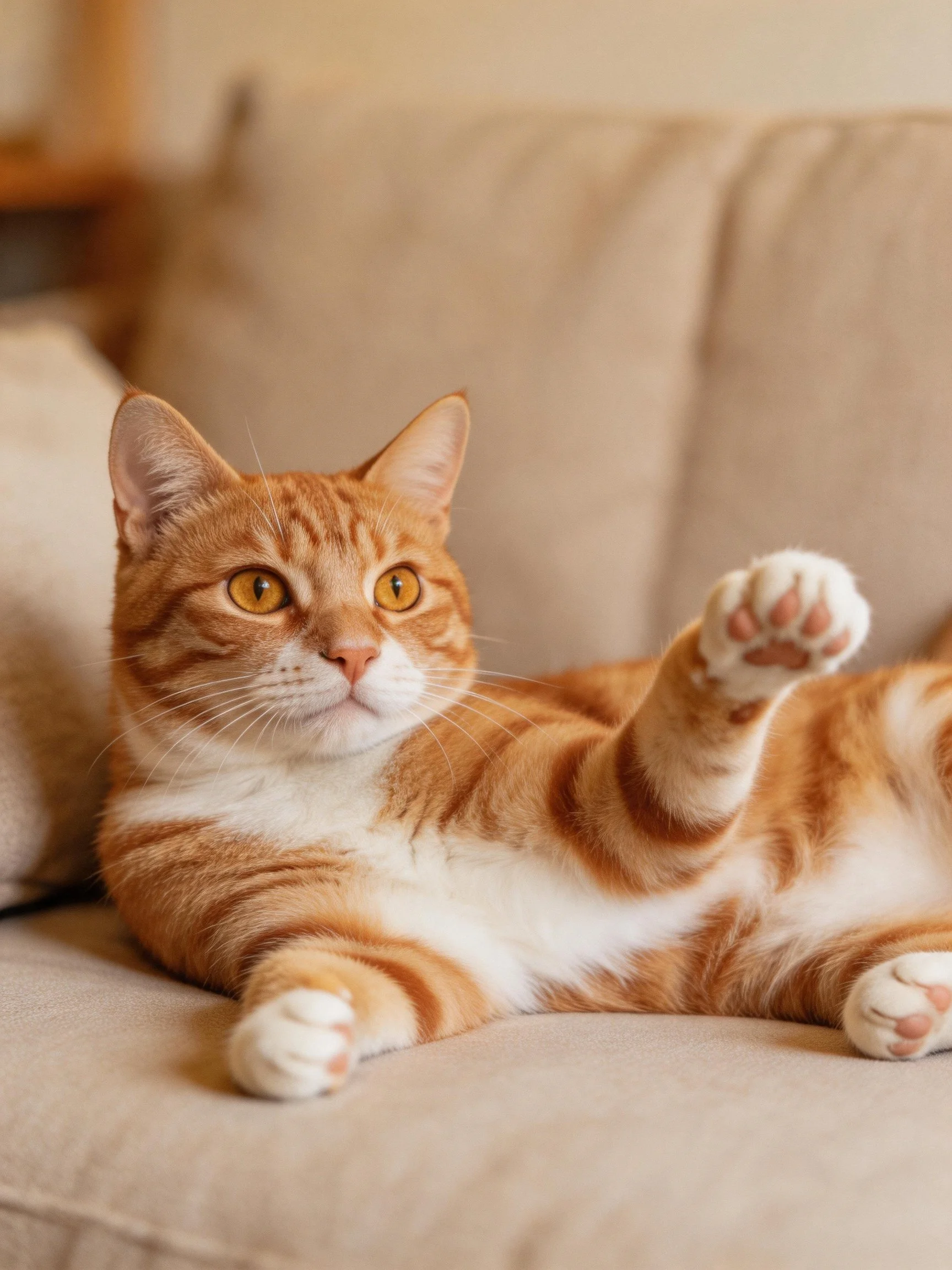 An orange tabby cat reclines on a beige couch with raised paw