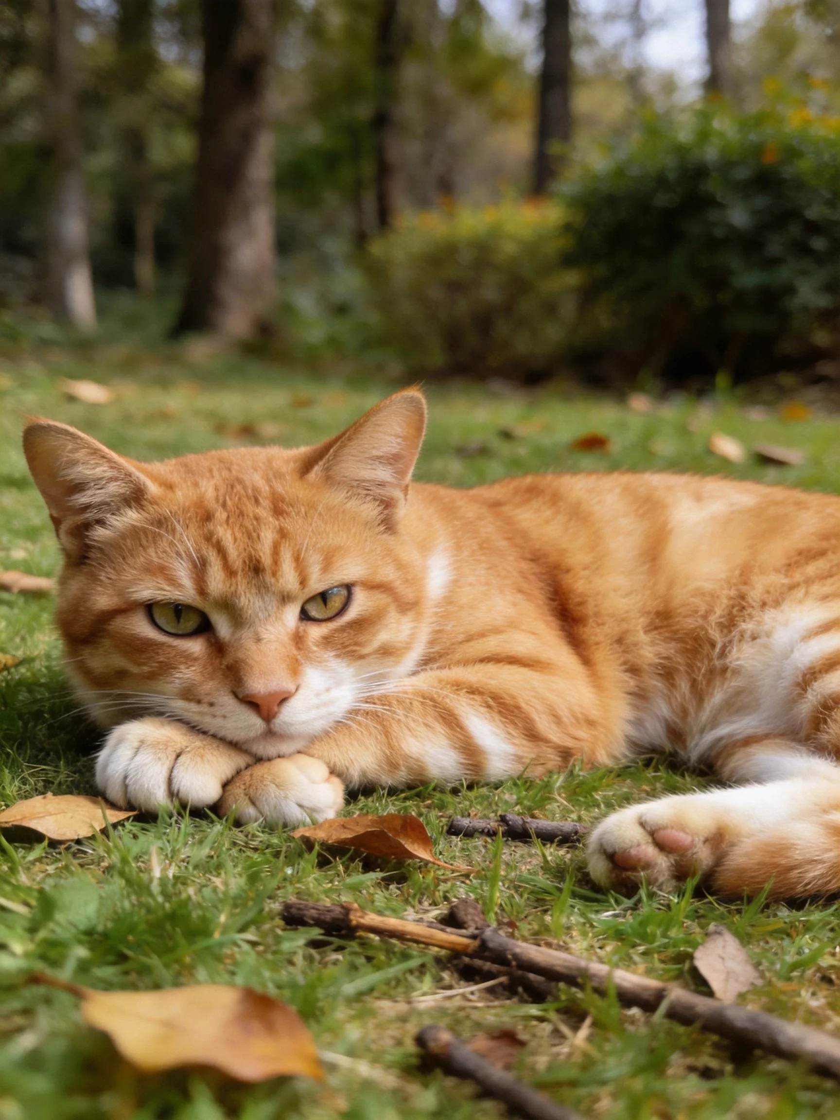 An orange tabby cat reclining on green grass near trees