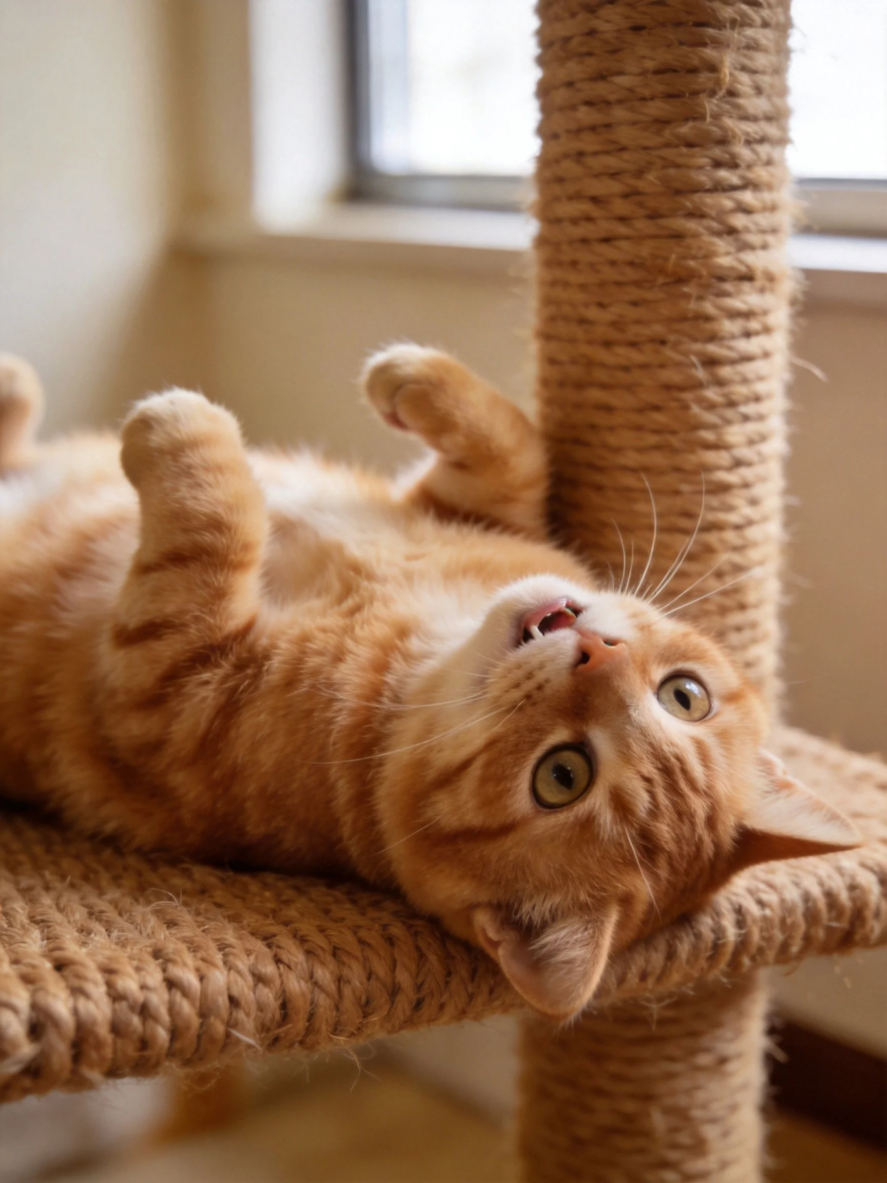 An orange tabby cat relaxes on a jute scratching post near a window
