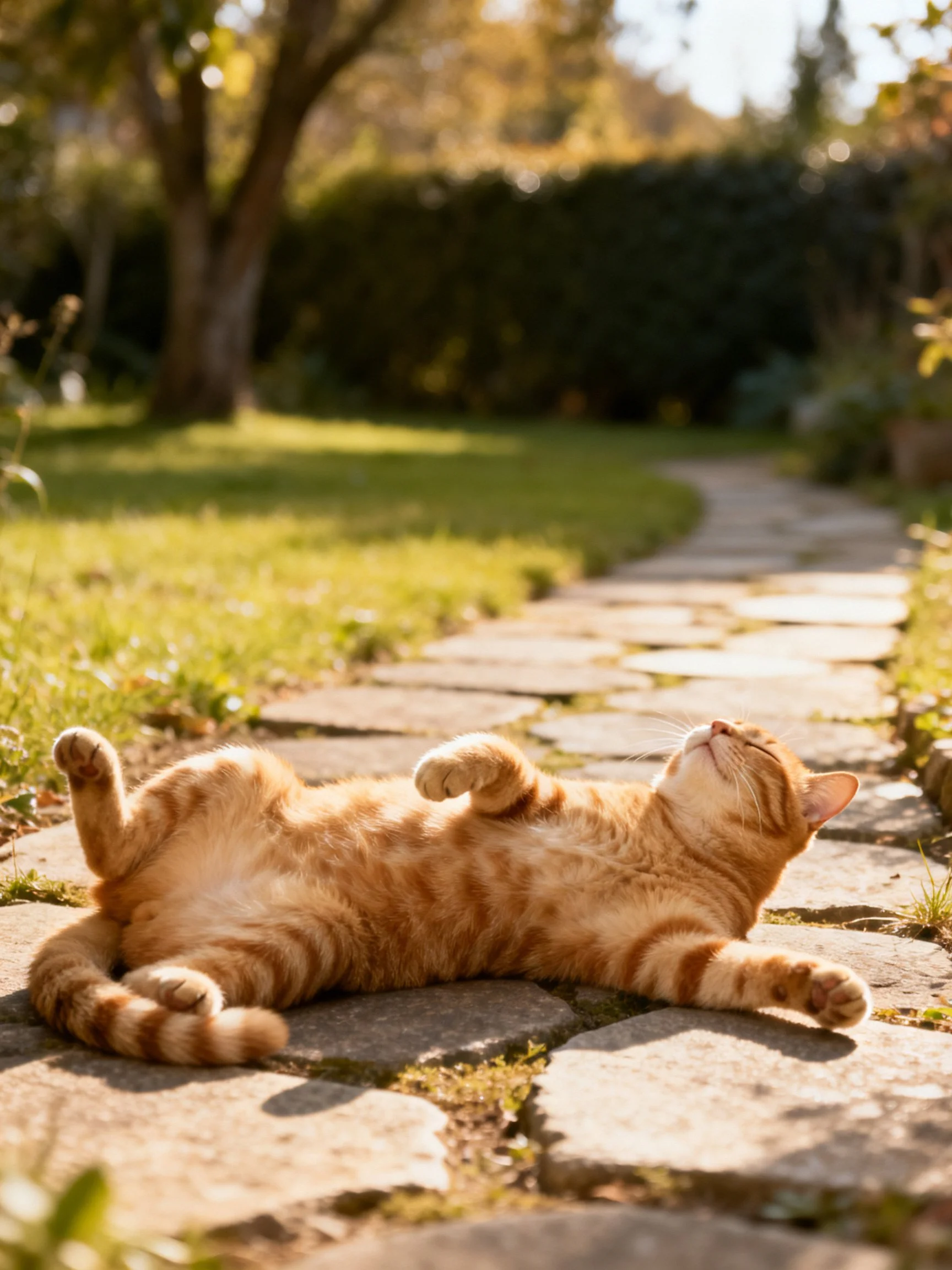 An orange tabby cat lies relaxed on a stone path in a sunlit garden.