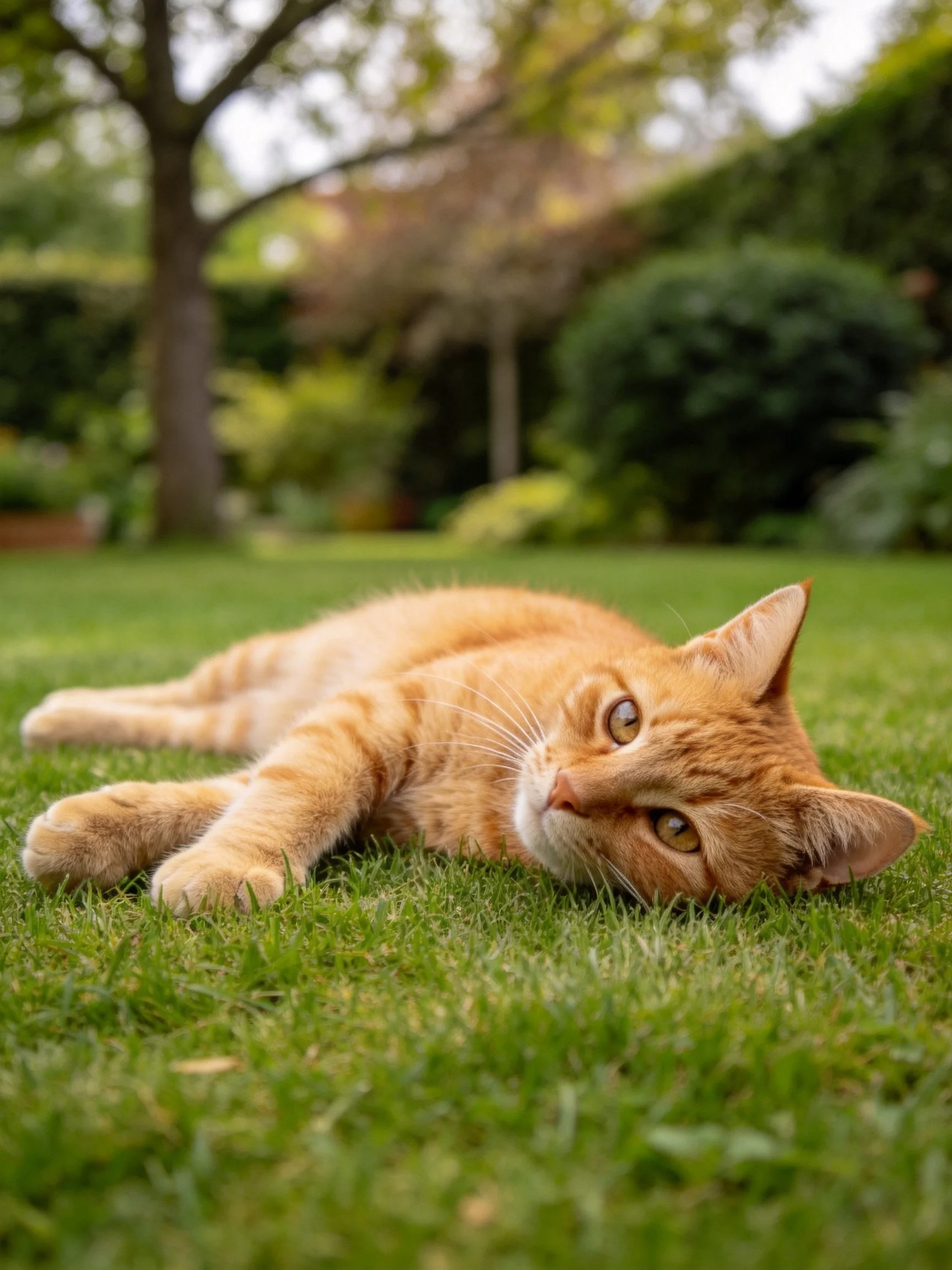 An orange tabby cat rests on green grass in a sunlit garden.