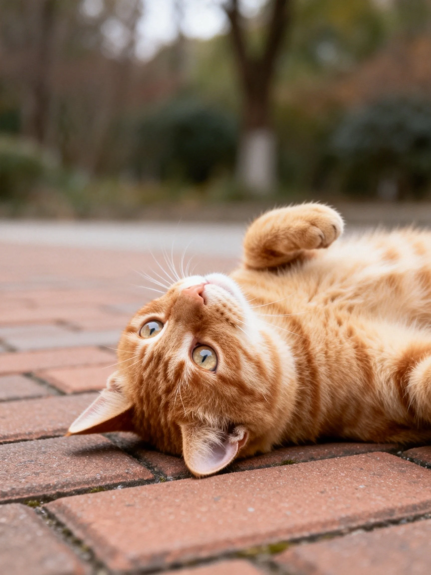 An orange tabby cat relaxes on reddish-brown brick pavement
