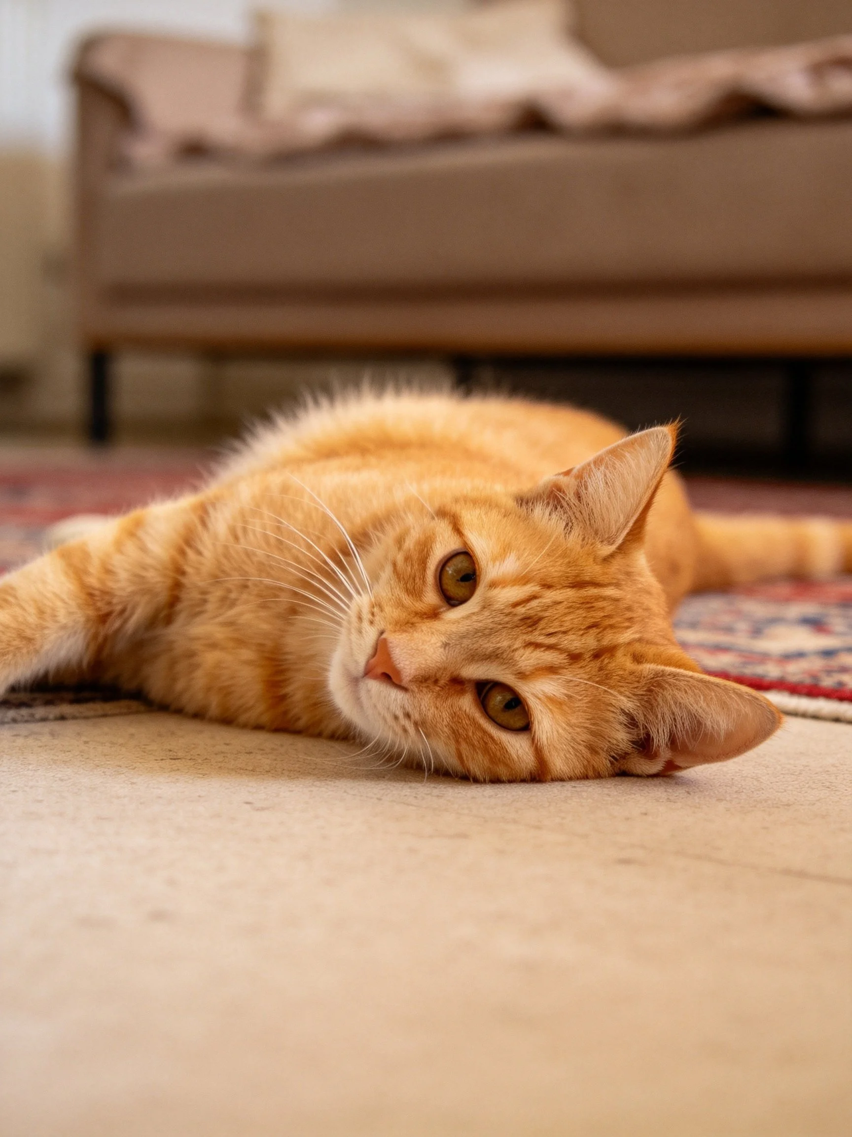 An orange tabby cat relaxing on a carpeted floor near a brown couch