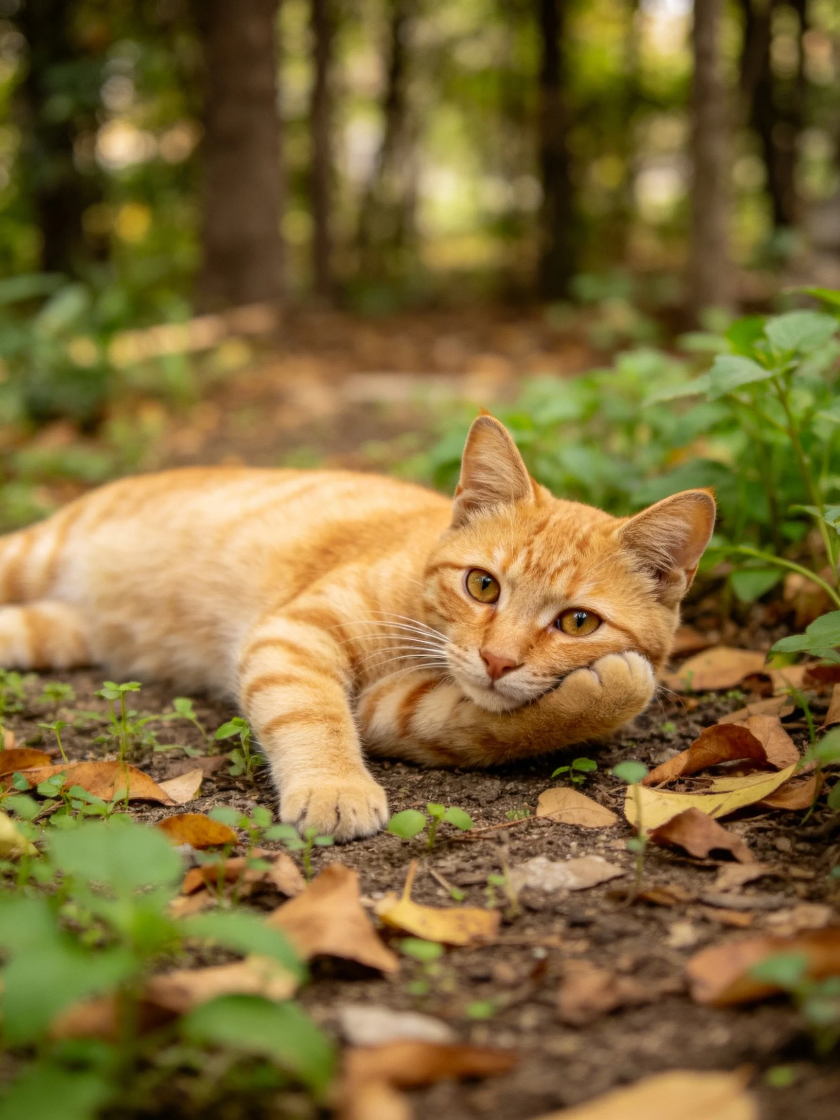 An orange tabby cat rests peacefully among fallen leaves and vegetation.
