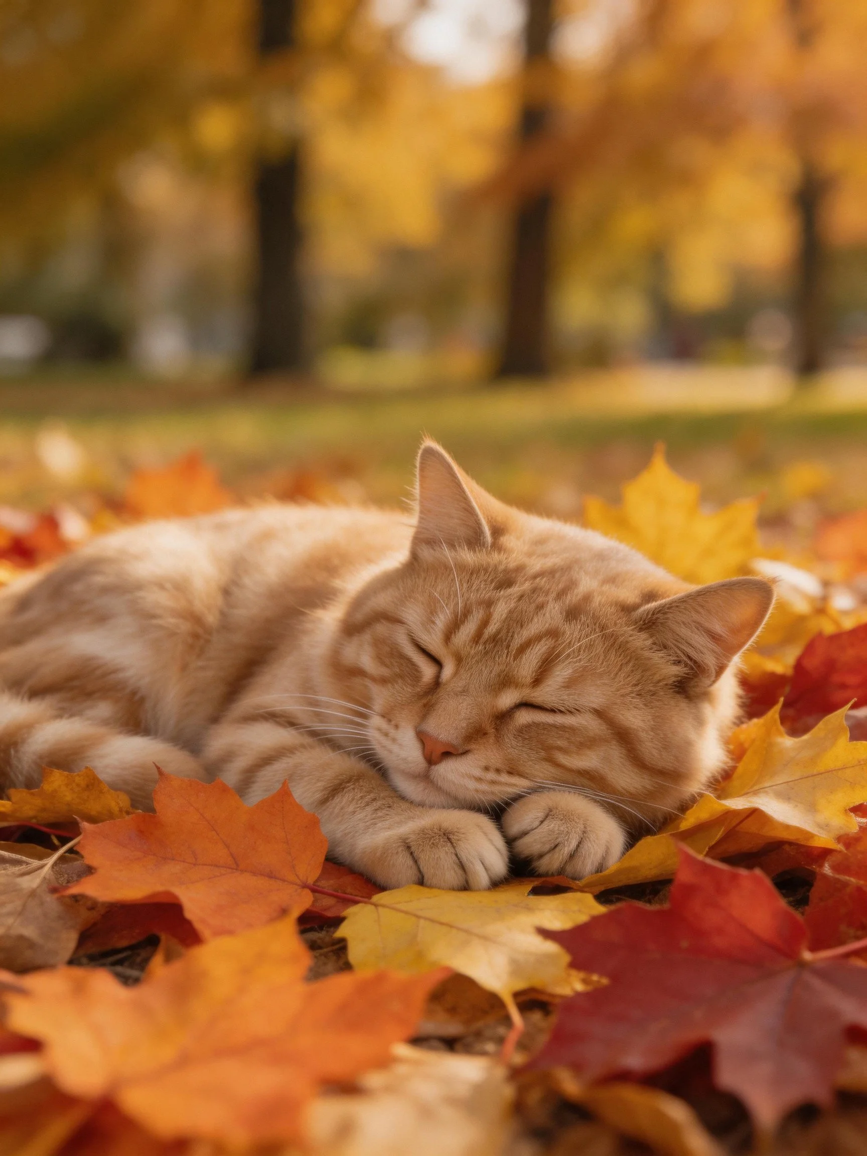 An orange tabby cat sleeps peacefully among vibrant fall leaves.