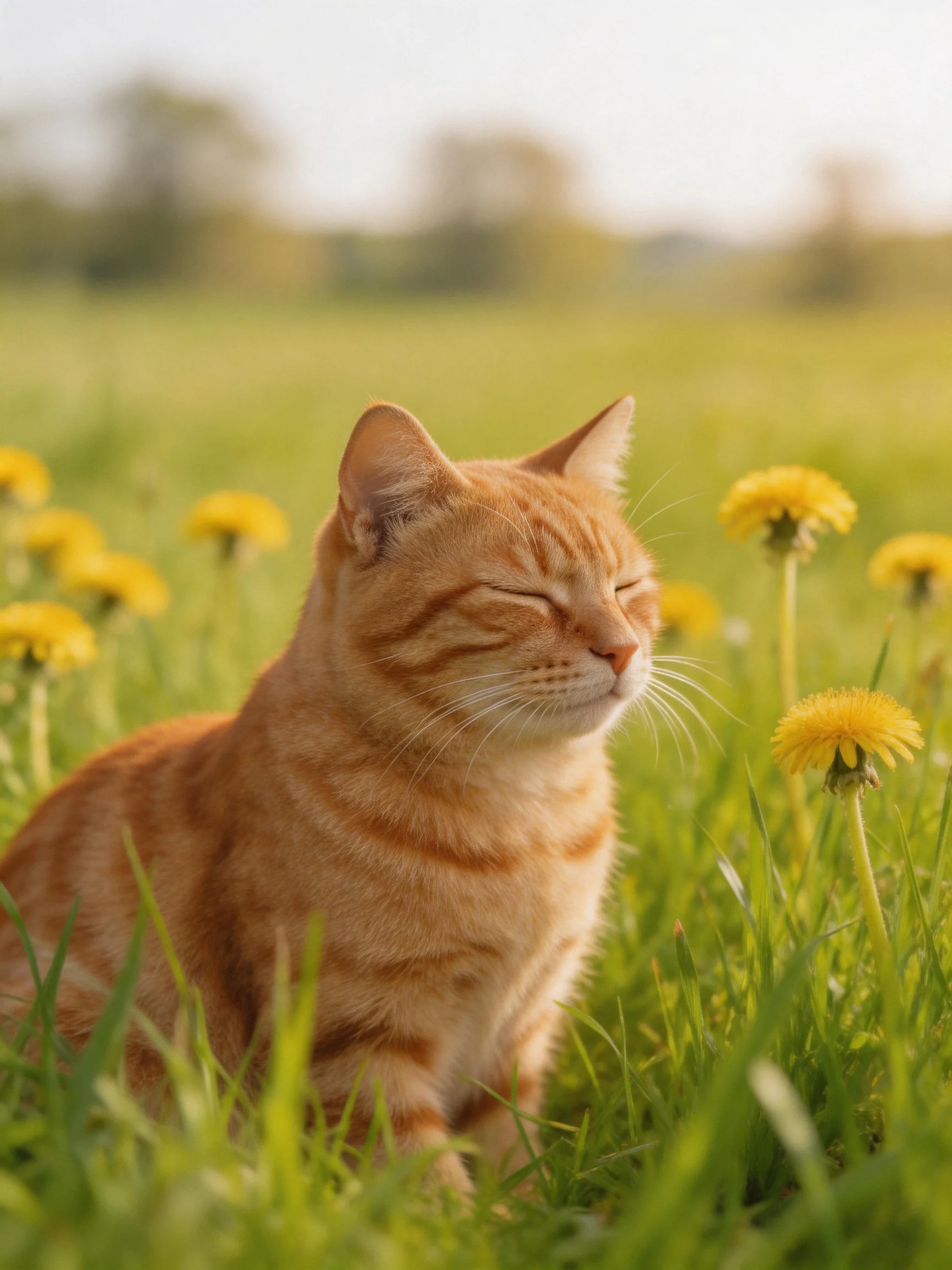 An orange tabby cat relaxes in a sunny meadow with yellow dandelions.