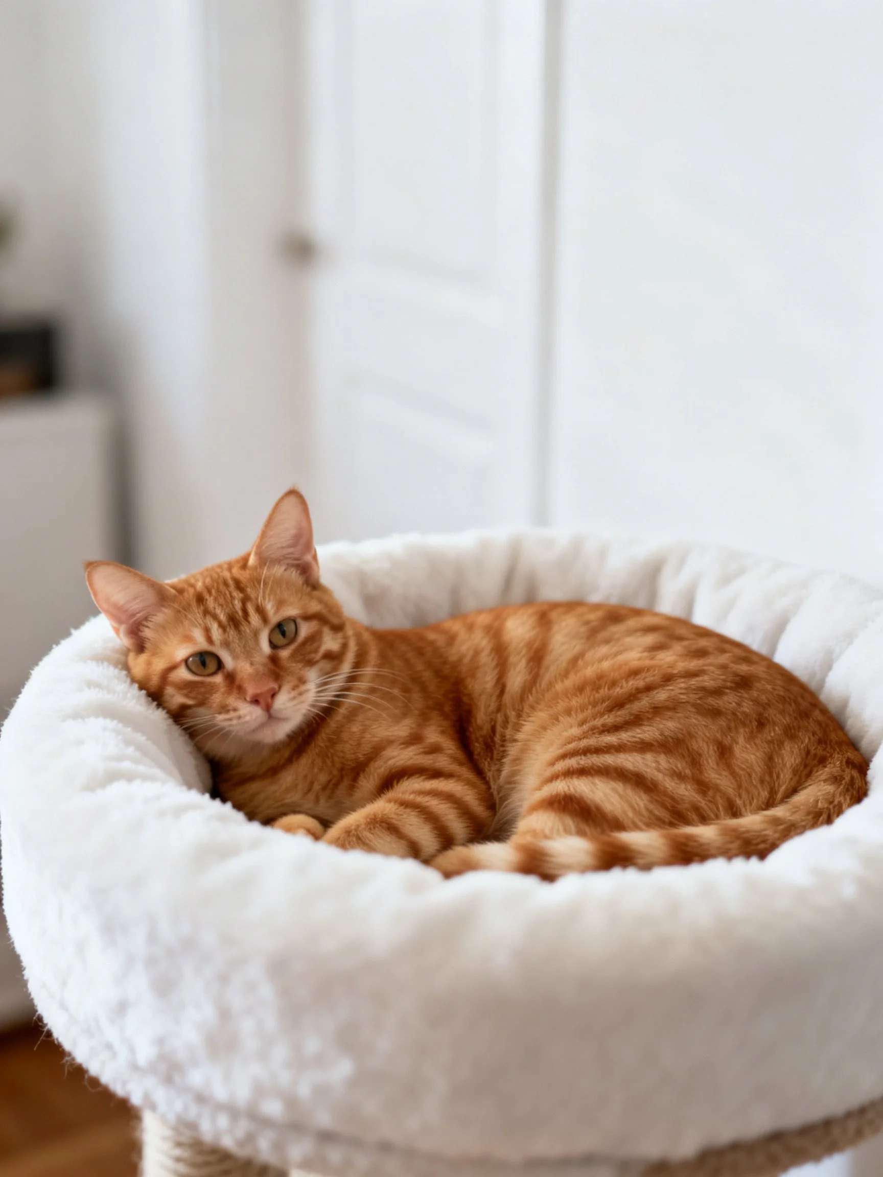 An orange tabby cat relaxes in a cozy white pet bed within a bright indoor space.
