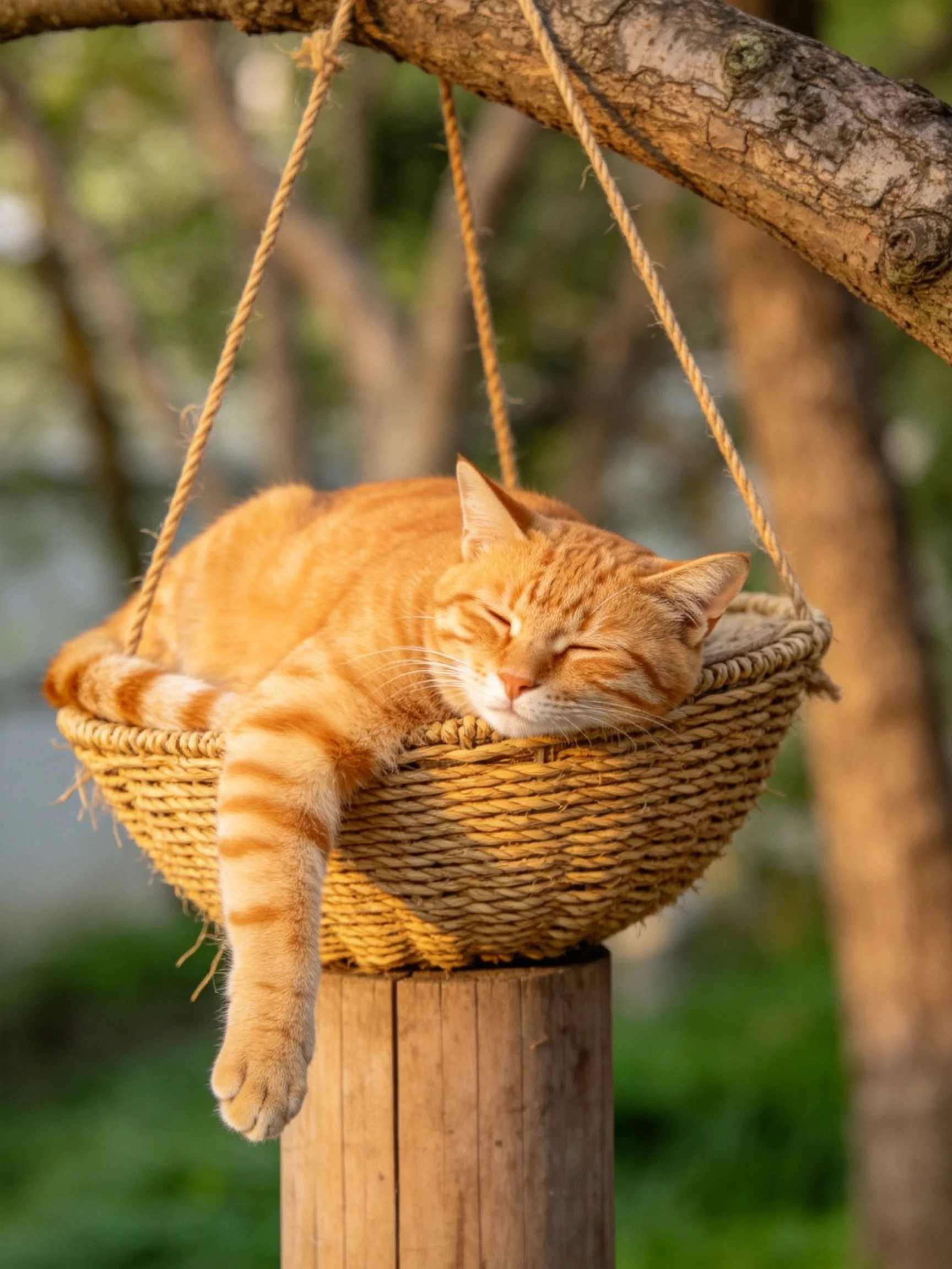 An orange tabby cat sleeps comfortably in a hanging wicker basket attached to a tree.