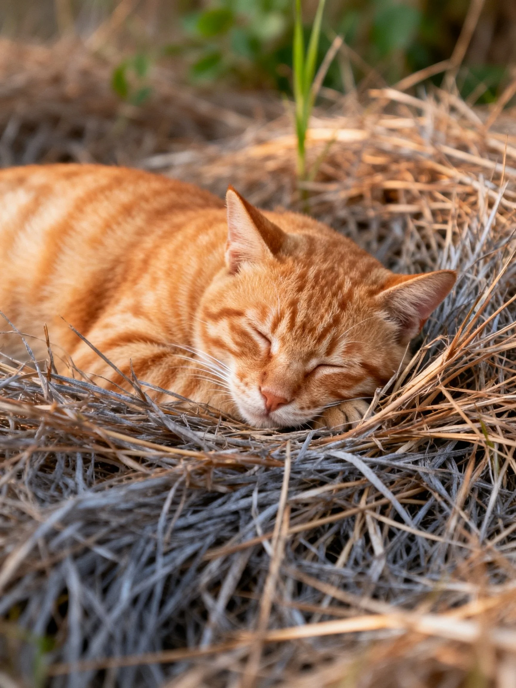 An orange tabby cat resting in dry, golden straw