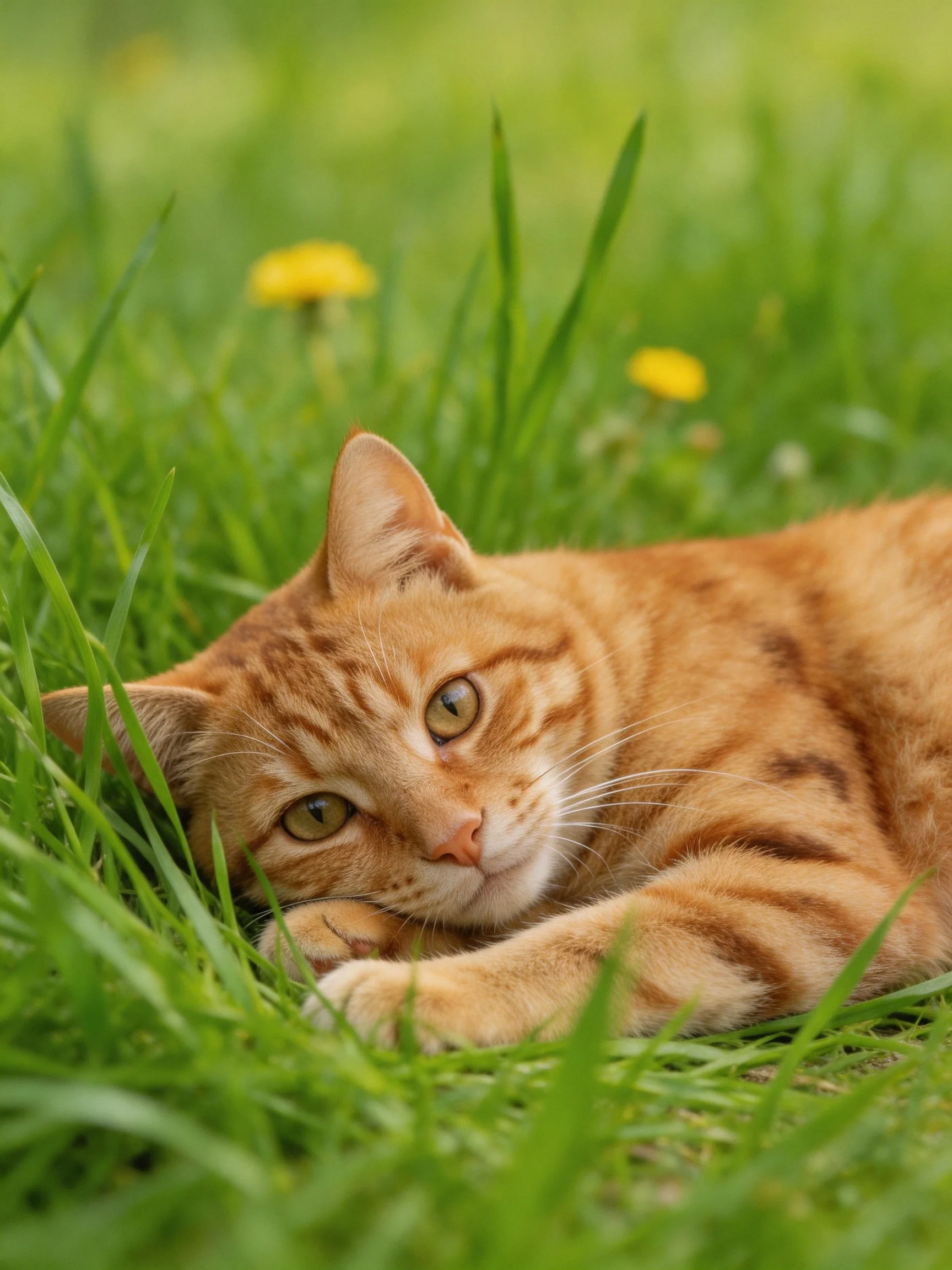 An orange tabby cat relaxes in green grass near yellow flowers.