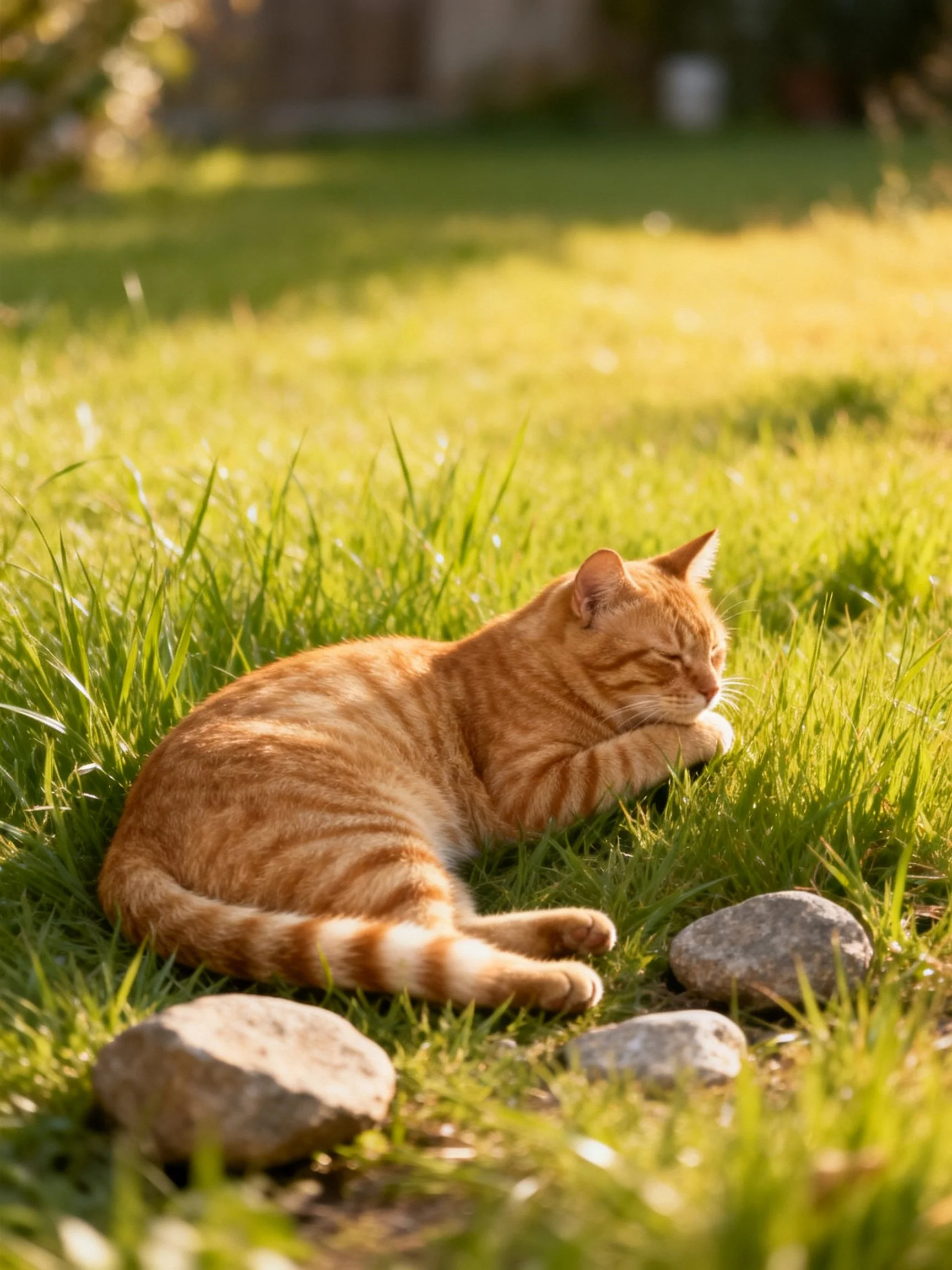 An orange tabby cat resting in sun-drenched grass near smooth stones