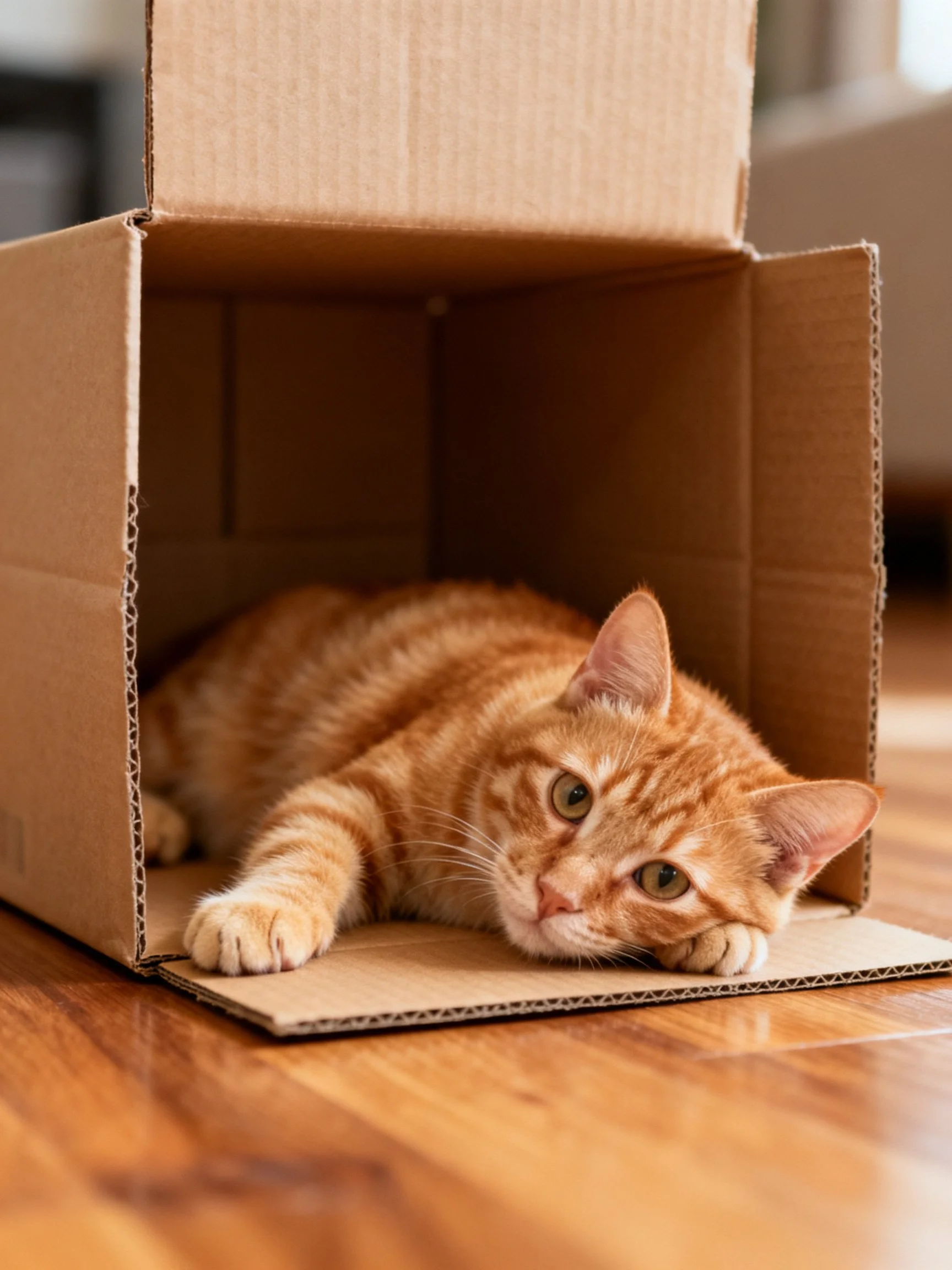 An orange tabby cat resting inside an open cardboard box