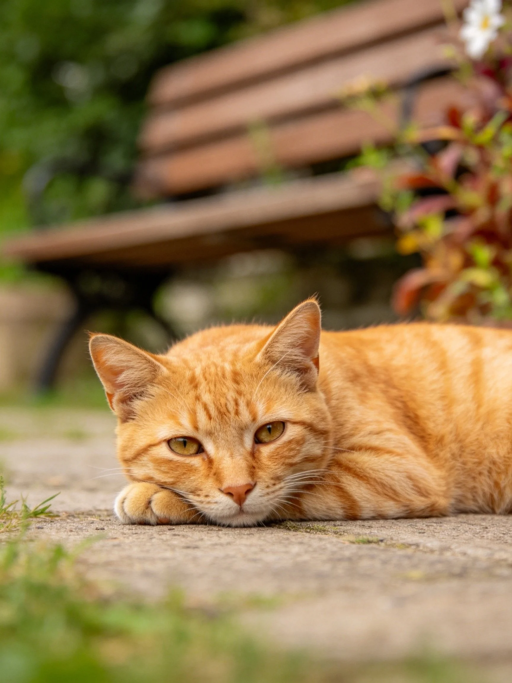 An orange tabby cat rests near a wooden bench in a garden.
