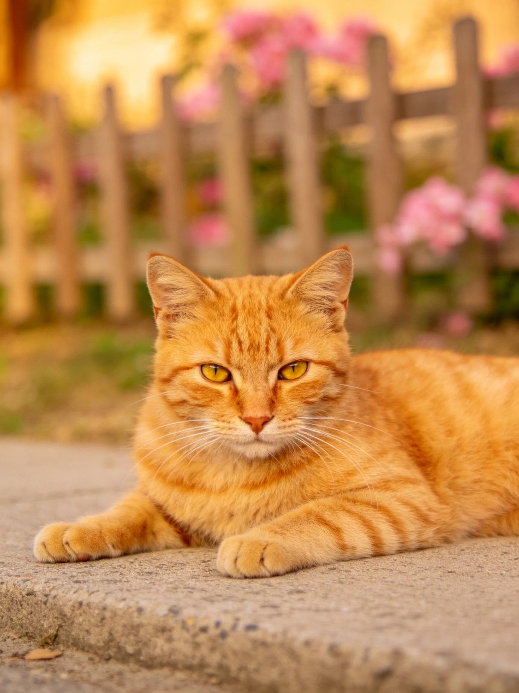 An orange tabby cat relaxes near a wooden fence with pink flowers in a sunny outdoor setting.