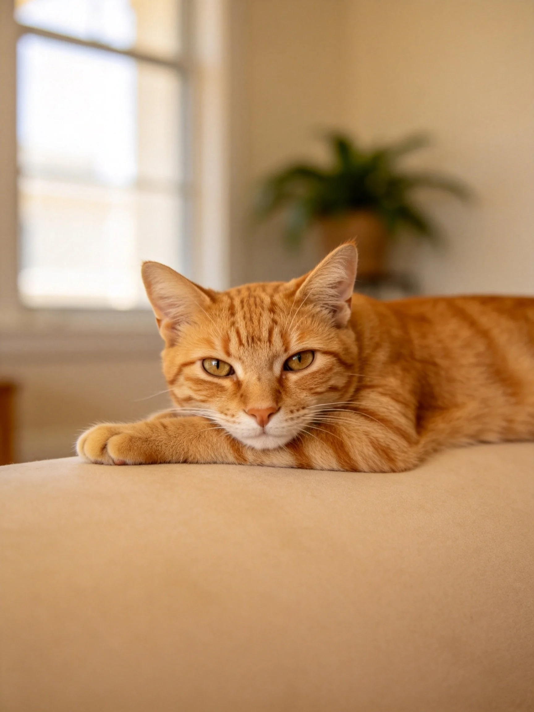 An orange tabby cat relaxes on a beige surface in a well-lit room.