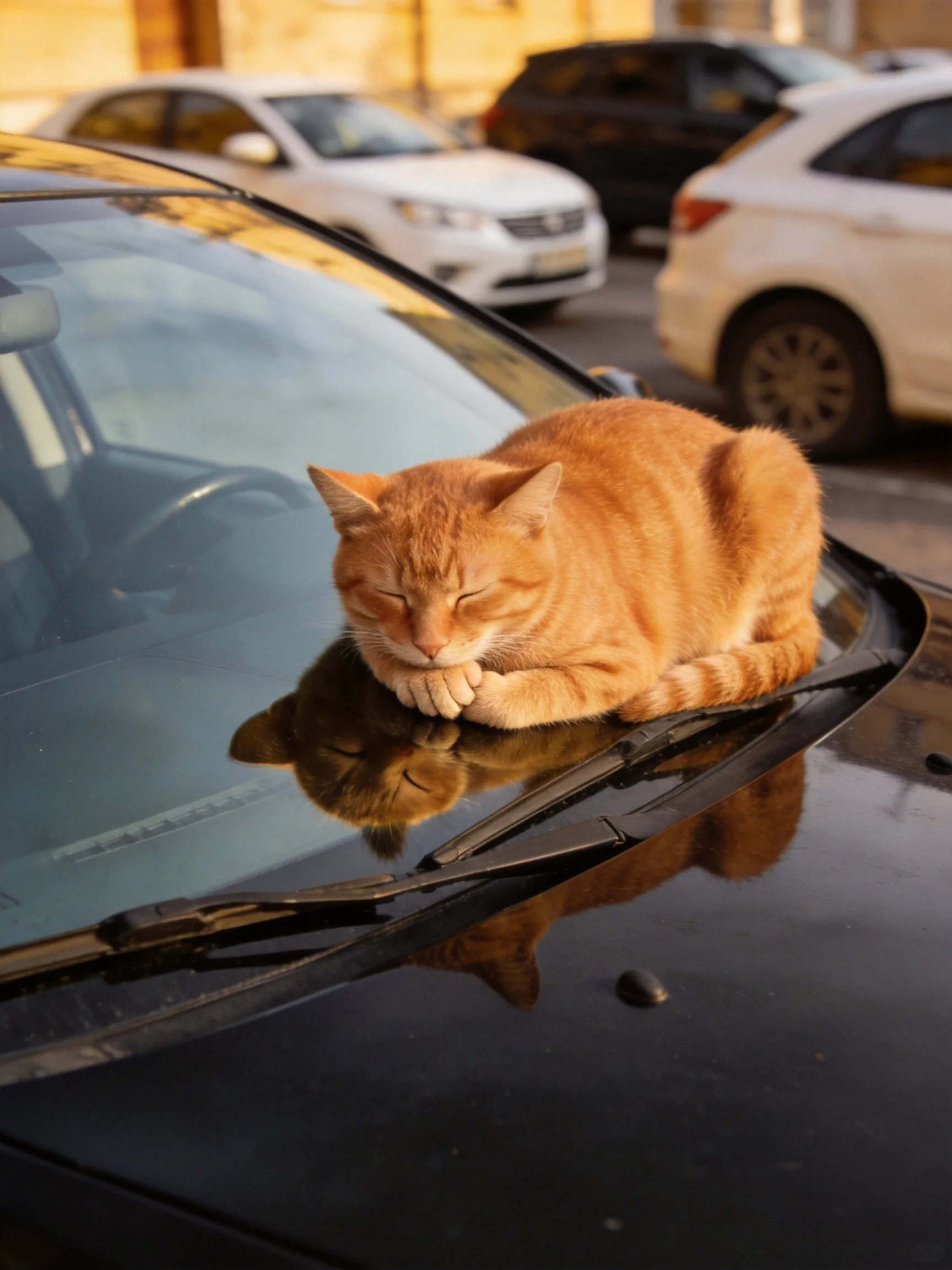 An orange tabby cat sleeps peacefully on a cars windshield.