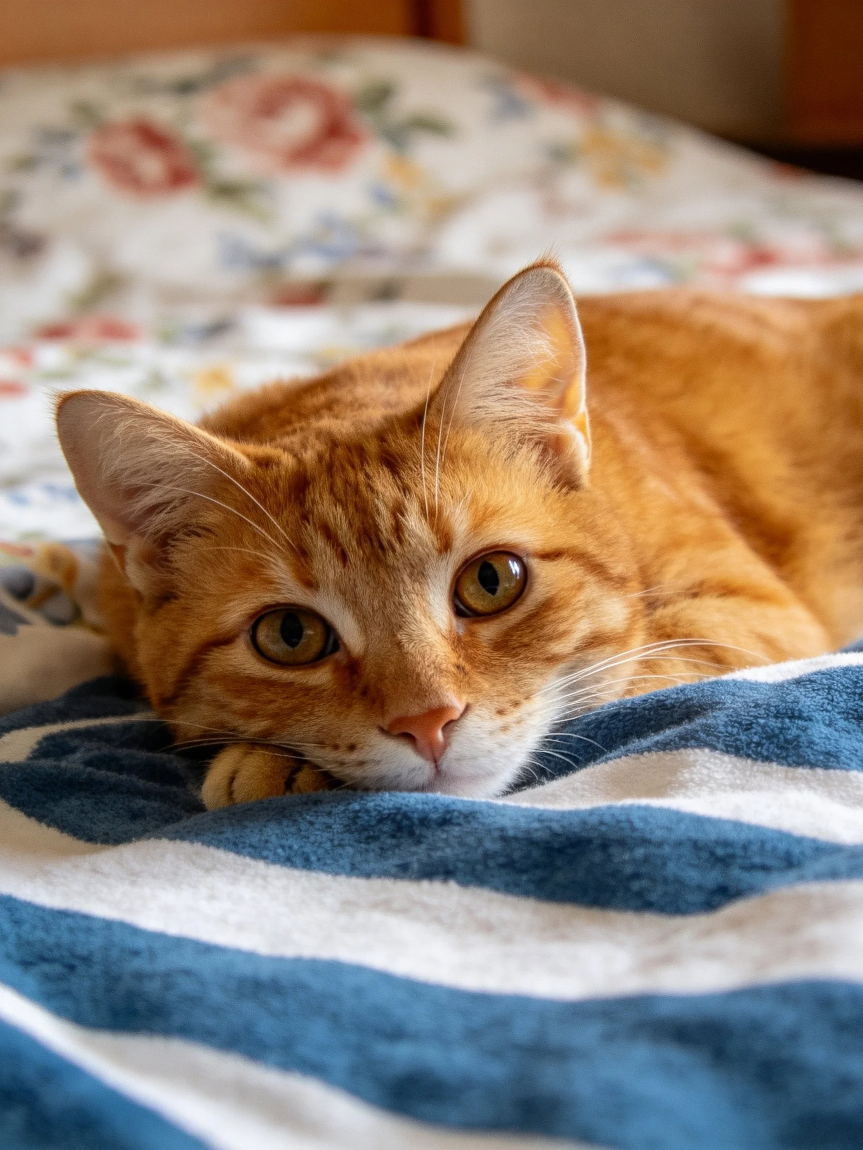 An orange tabby cat resting on a blue-striped towel with floral bedding