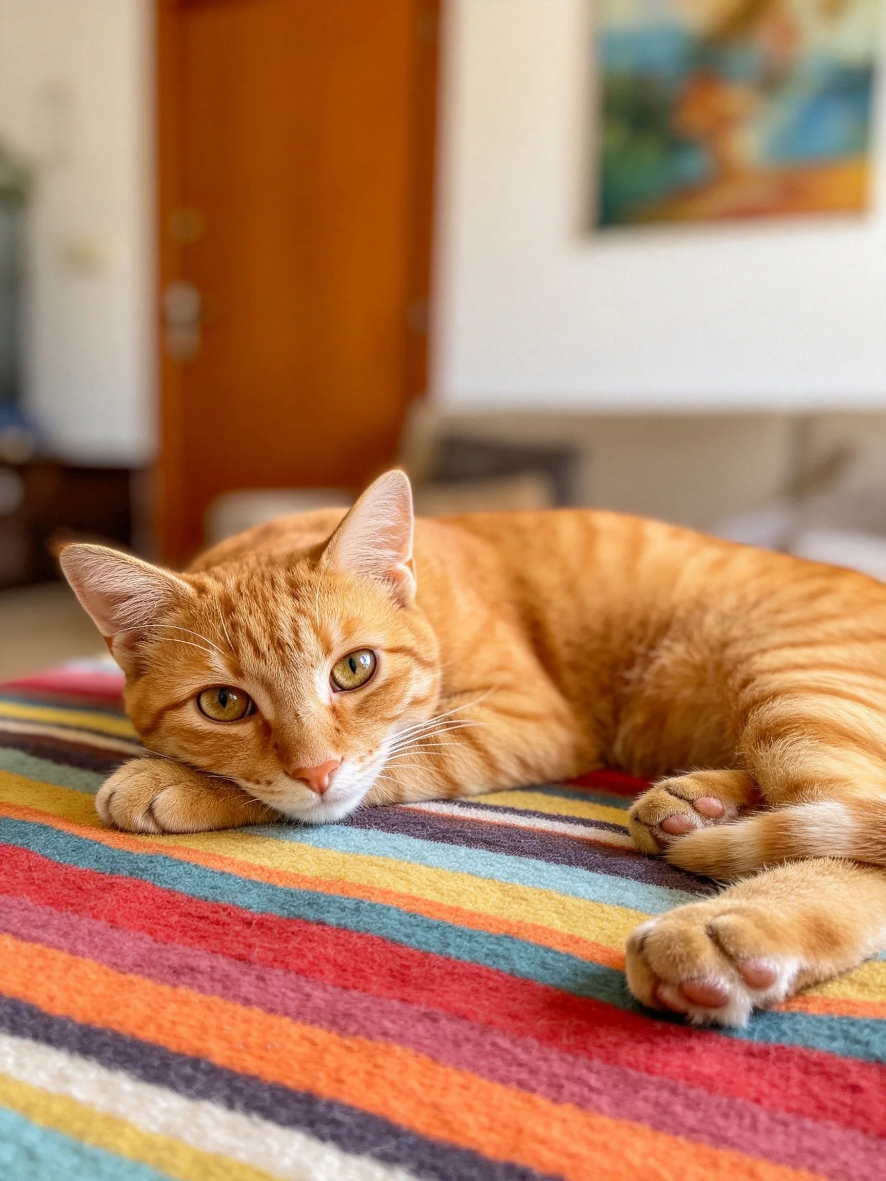 An orange tabby cat relaxes on a multicolored striped rug in a cozy indoor space.