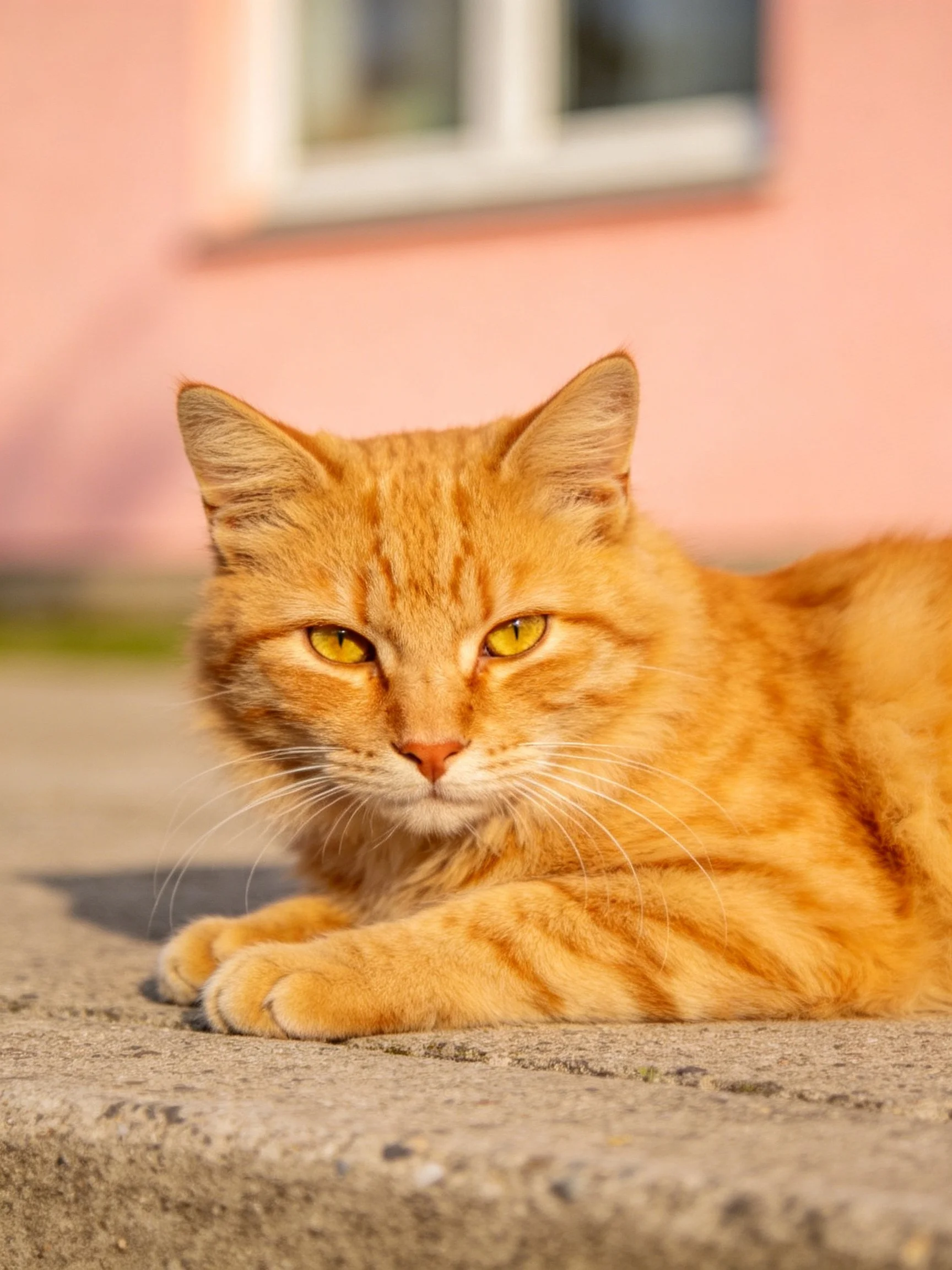 An orange tabby cat resting on a concrete ledge near a pink building