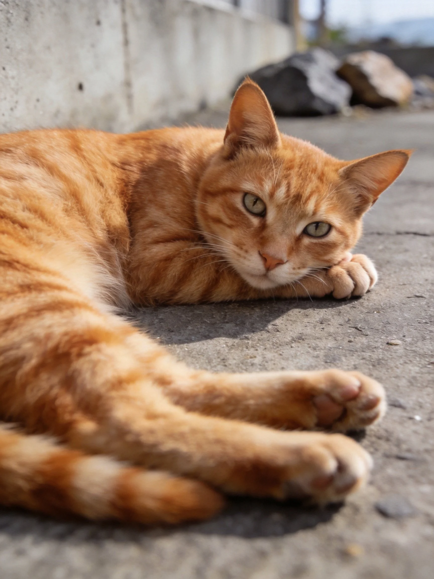An orange tabby cat resting on a concrete surface near rocks