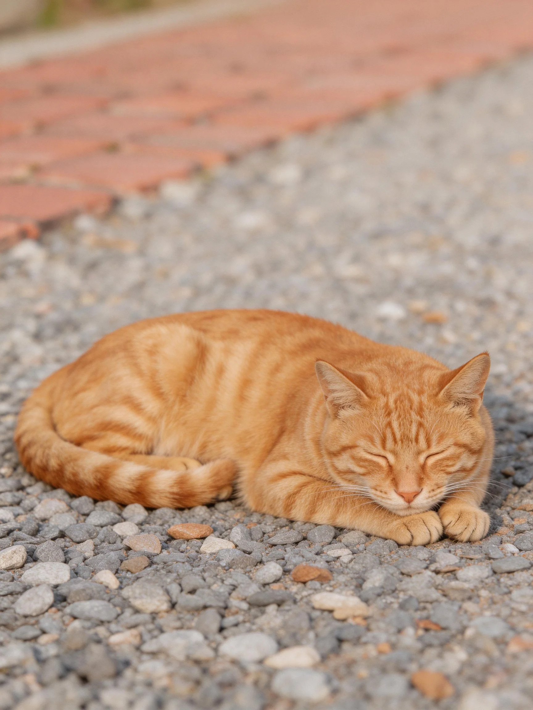 An orange tabby cat resting on a gravel path near brick pavement