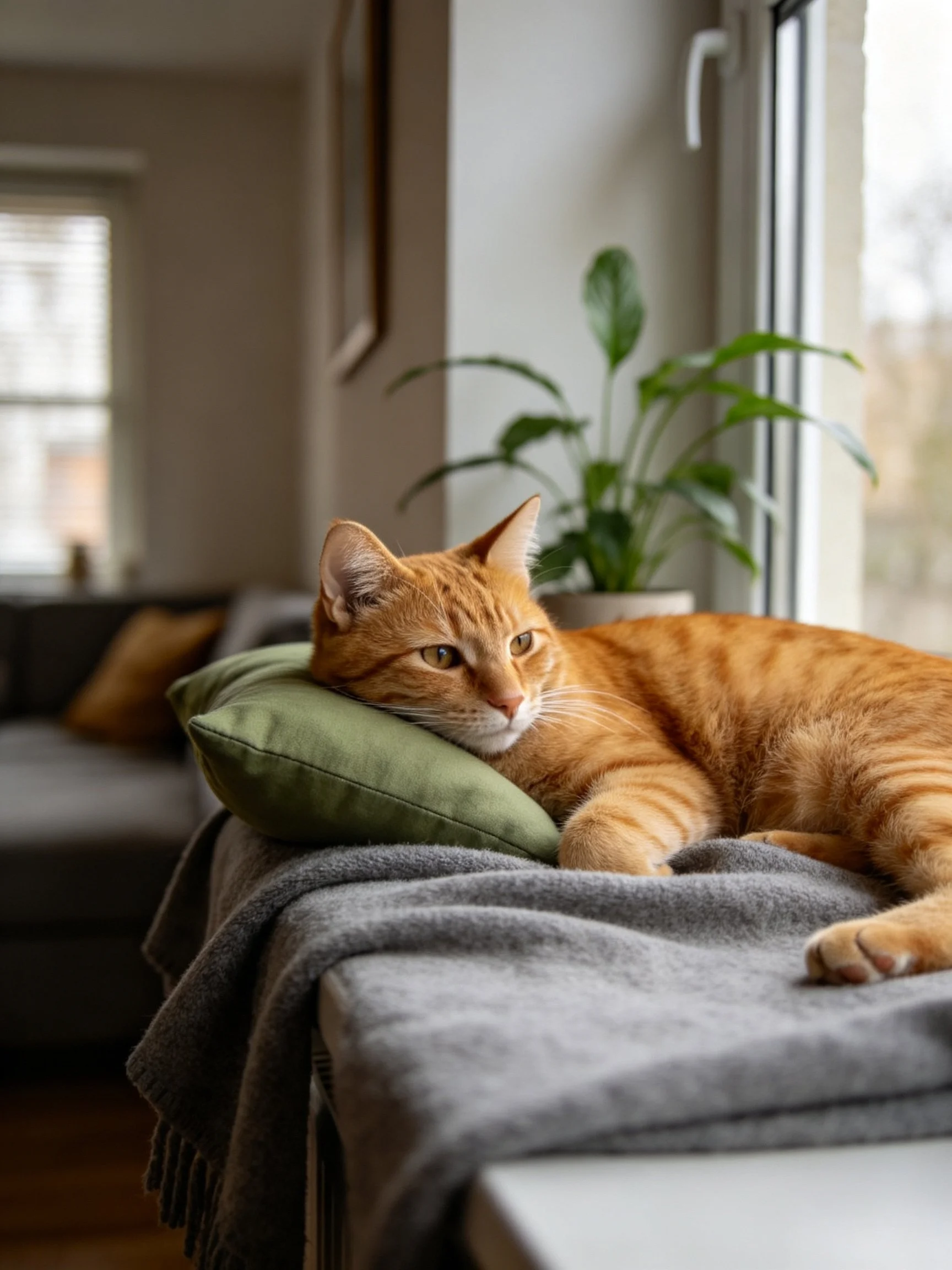 An orange tabby cat relaxes on a green cushion by a sunlit window.