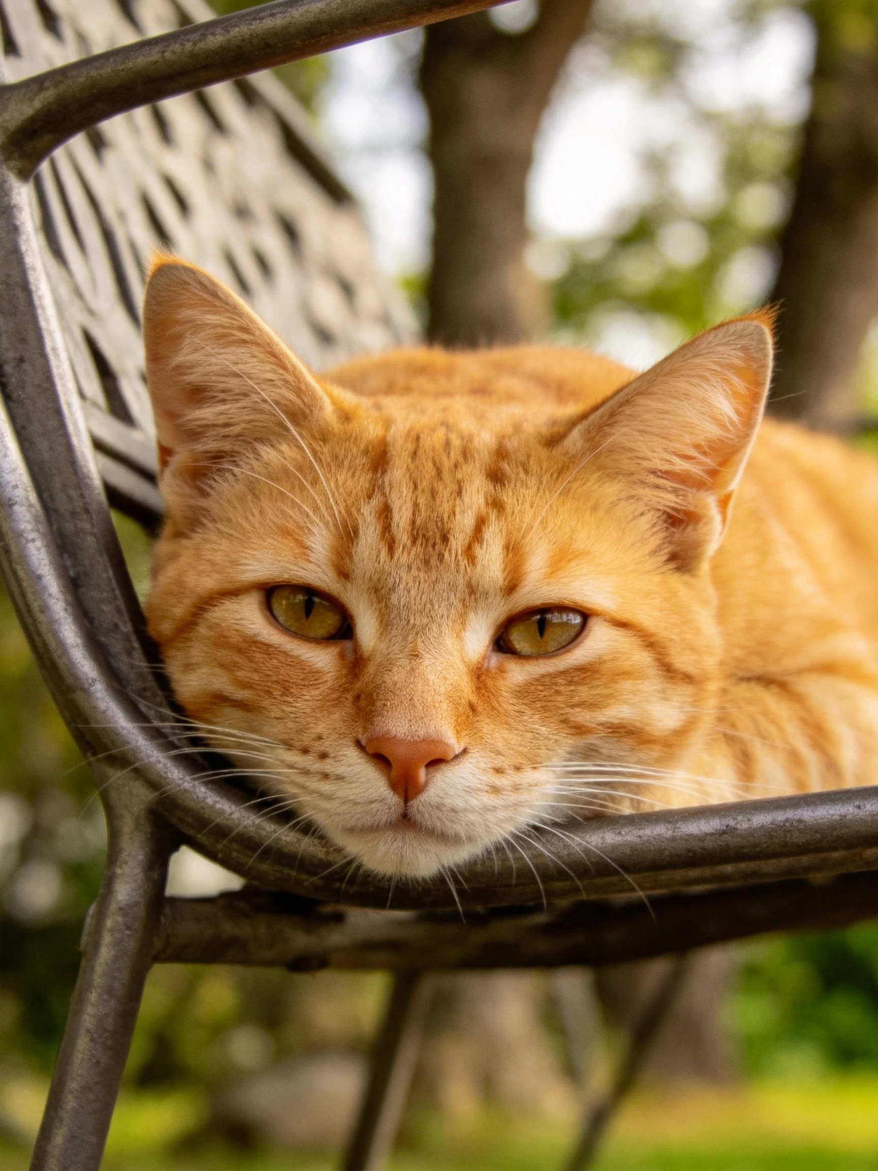 An orange tabby cat relaxes on a metal chair in a sunlit outdoor setting.