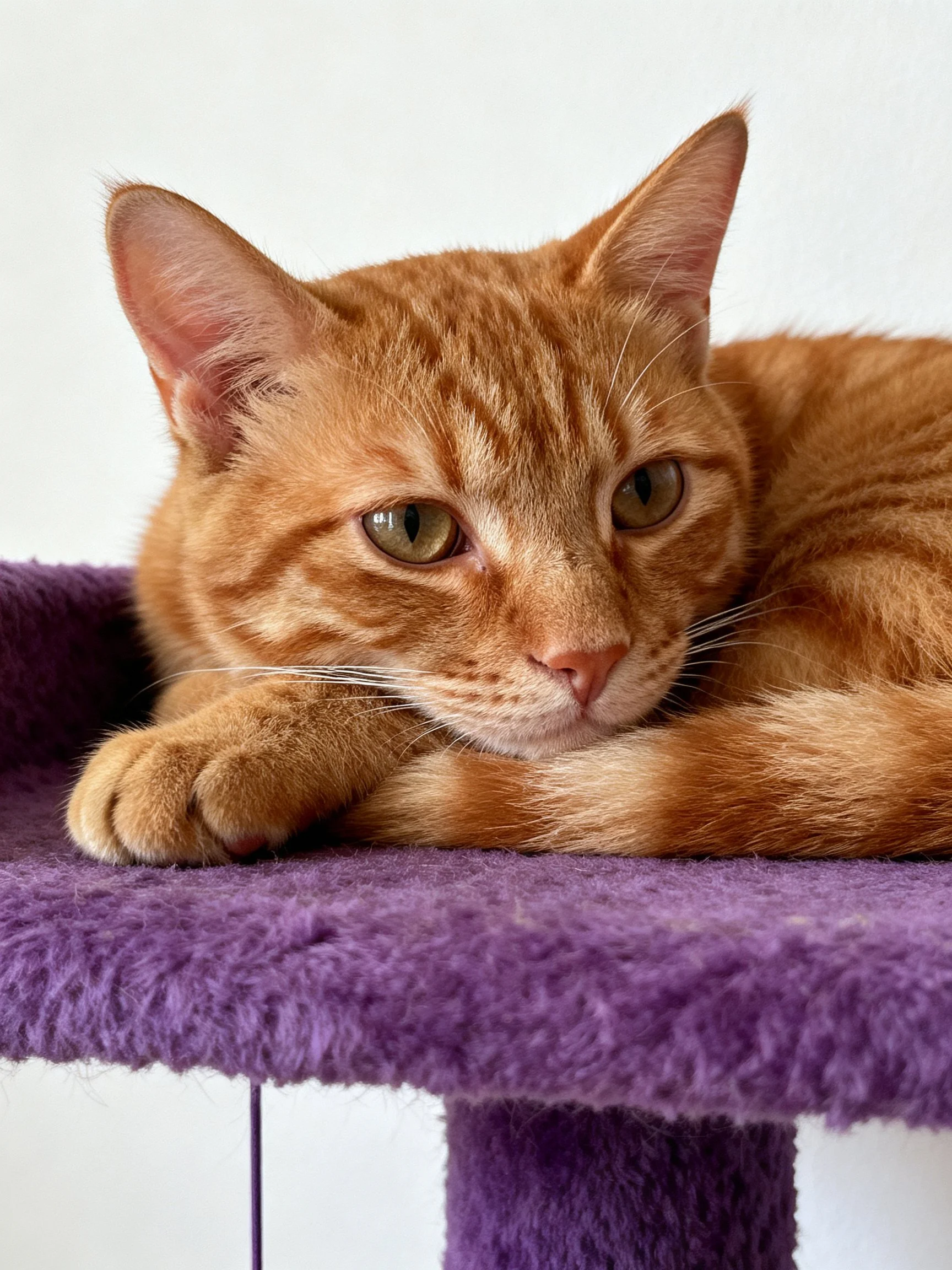 An orange tabby cat resting on a plush purple platform