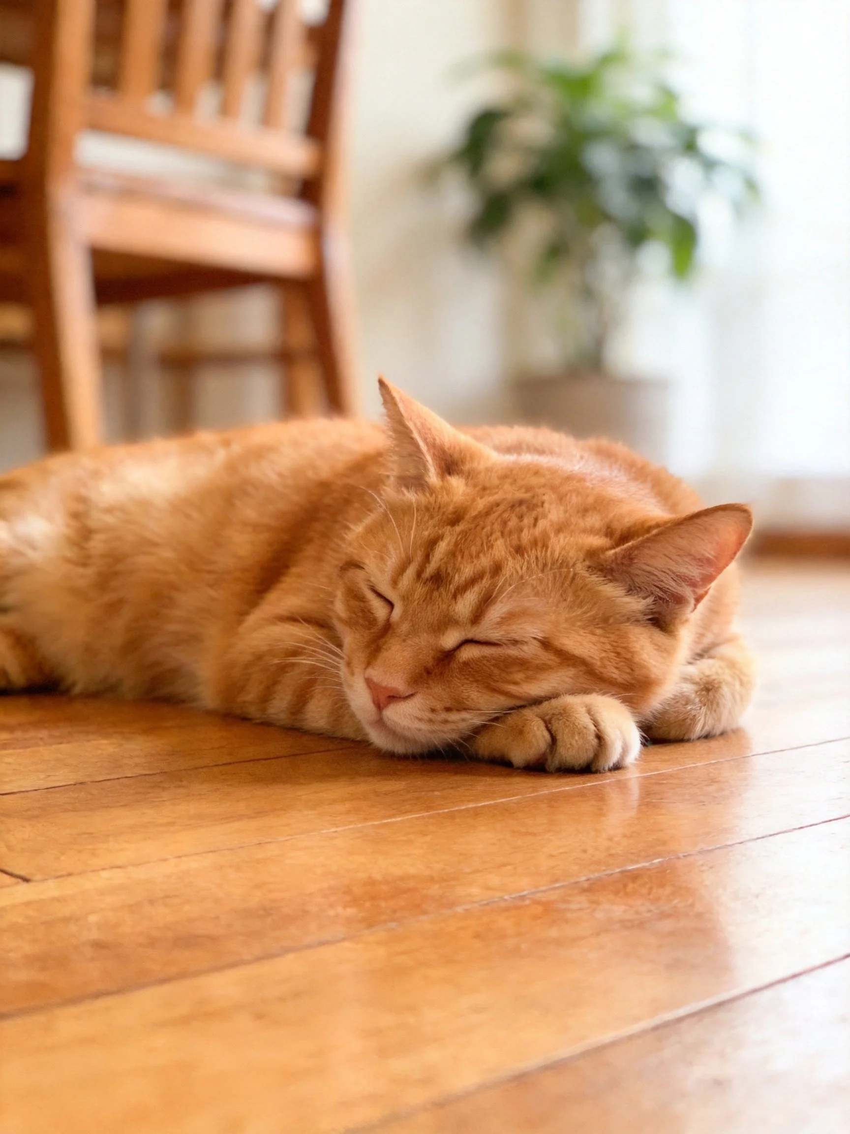An orange tabby cat resting on a polished wooden floor