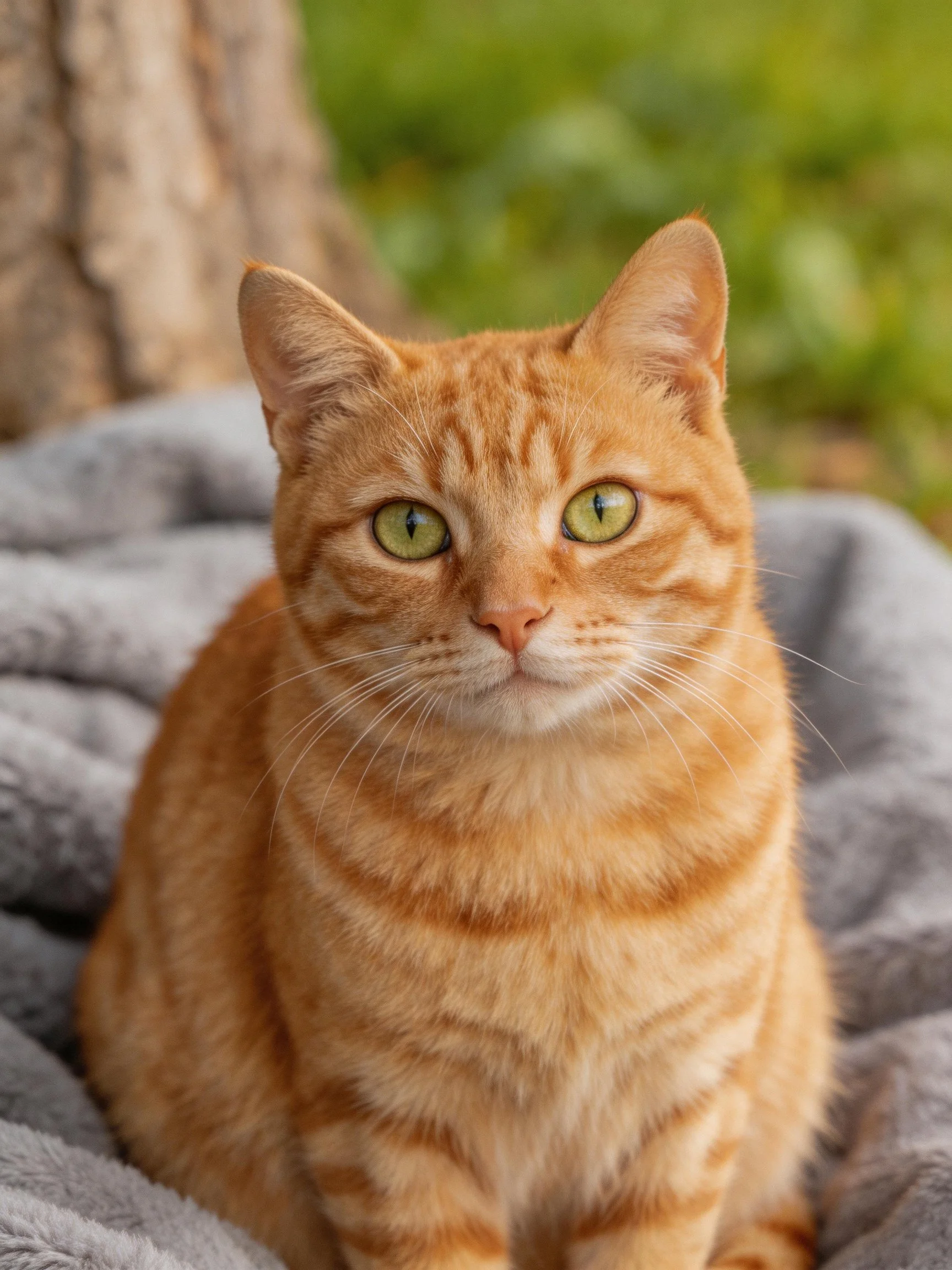 An orange tabby cat sits calmly on a gray blanket outdoors near a tree.