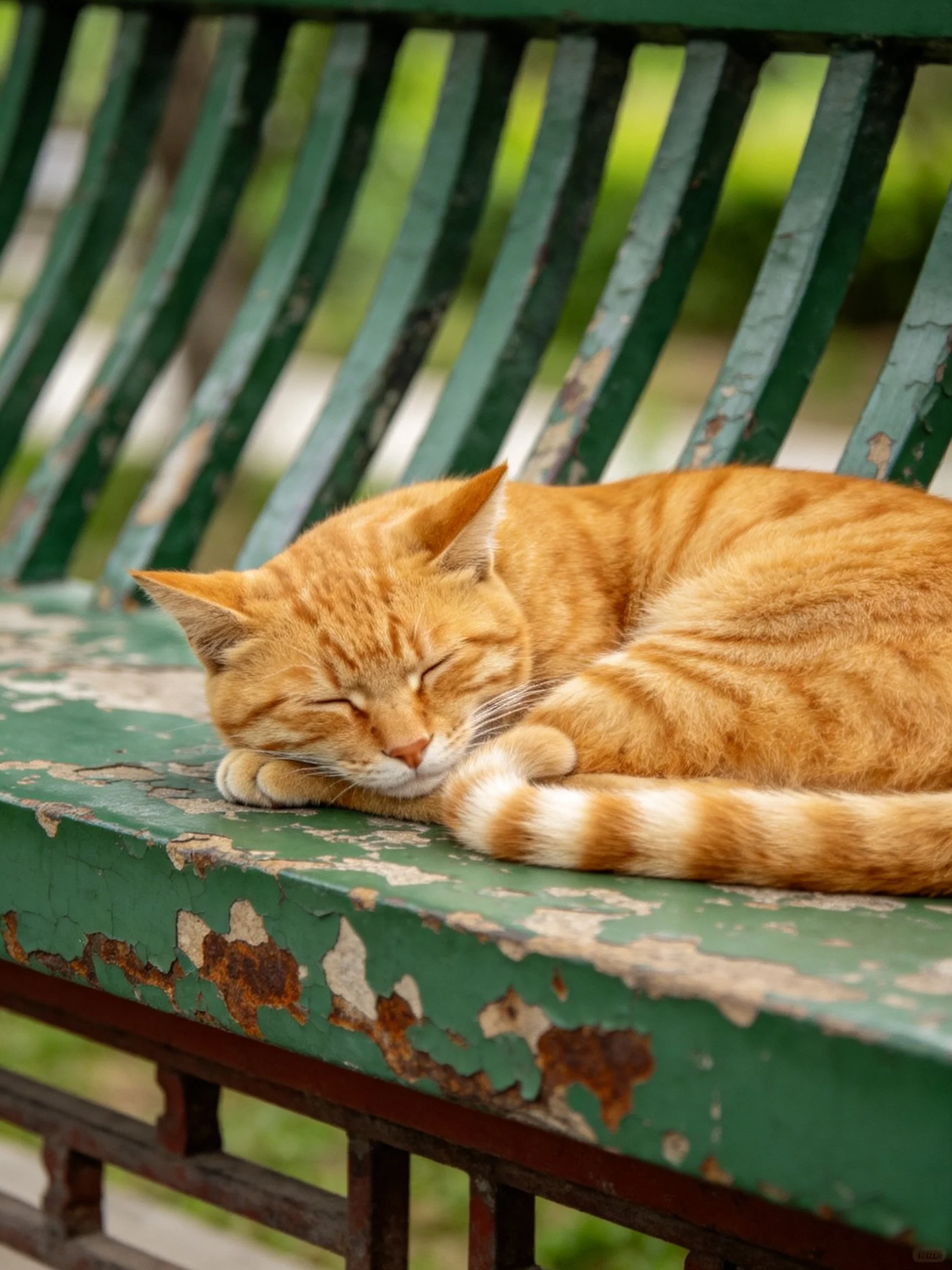 An orange tabby cat resting on a weathered green park bench
