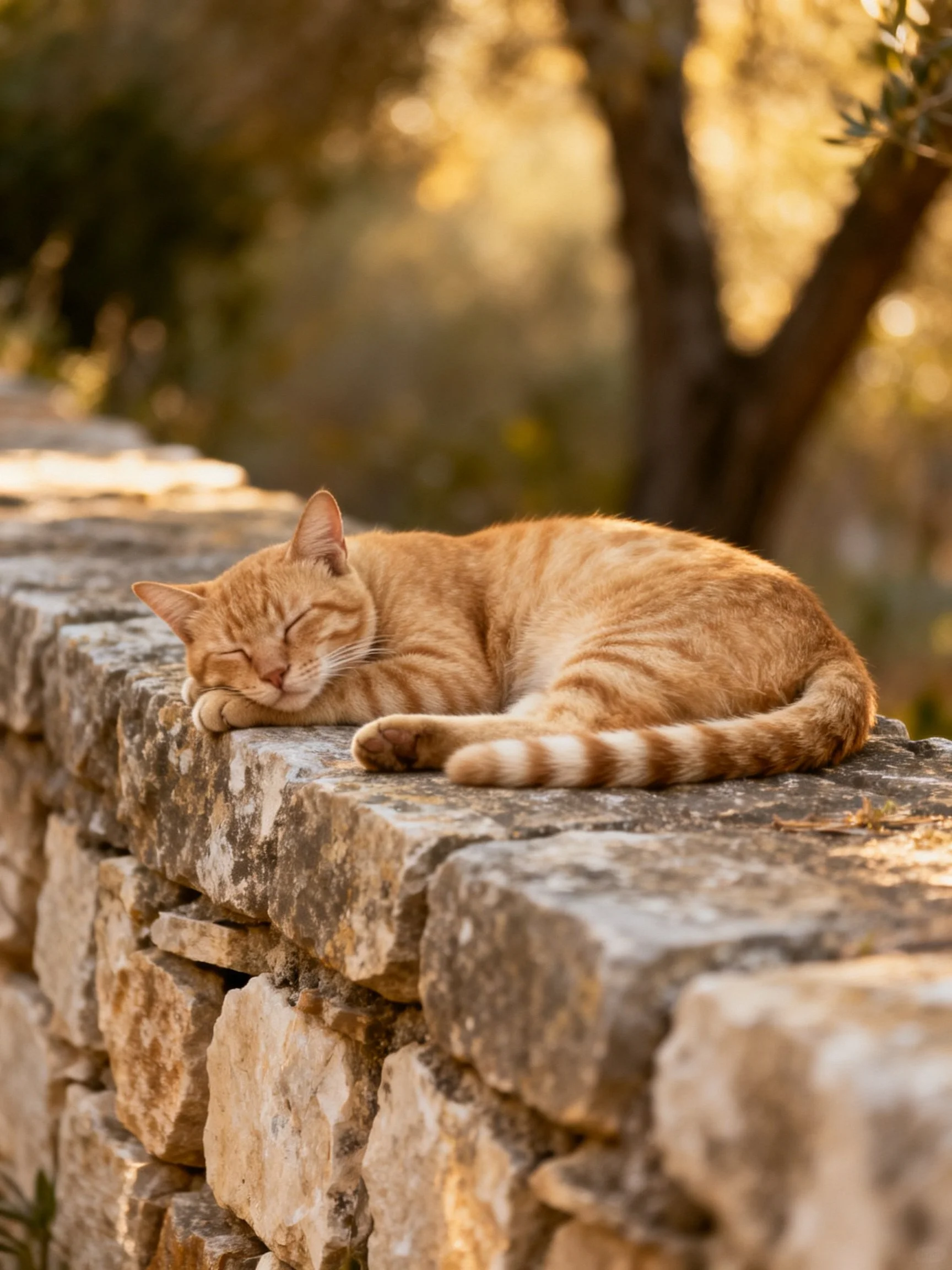 An orange tabby cat sleeps on a stone wall amid soft, golden natural light.