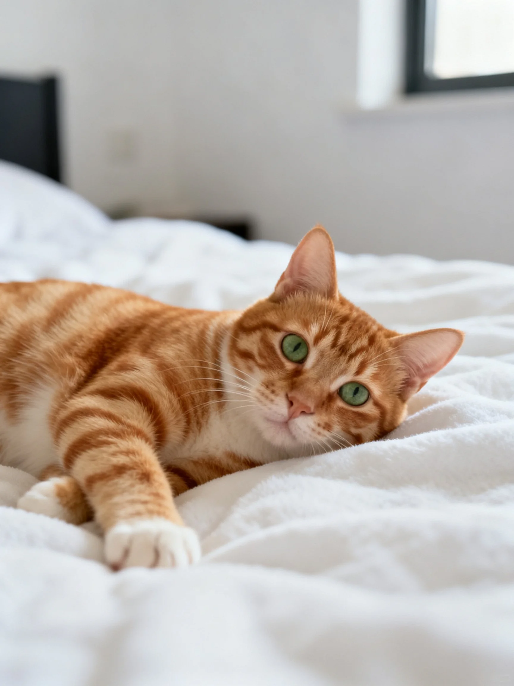 An orange tabby cat relaxes on a white bed in a well-lit room.