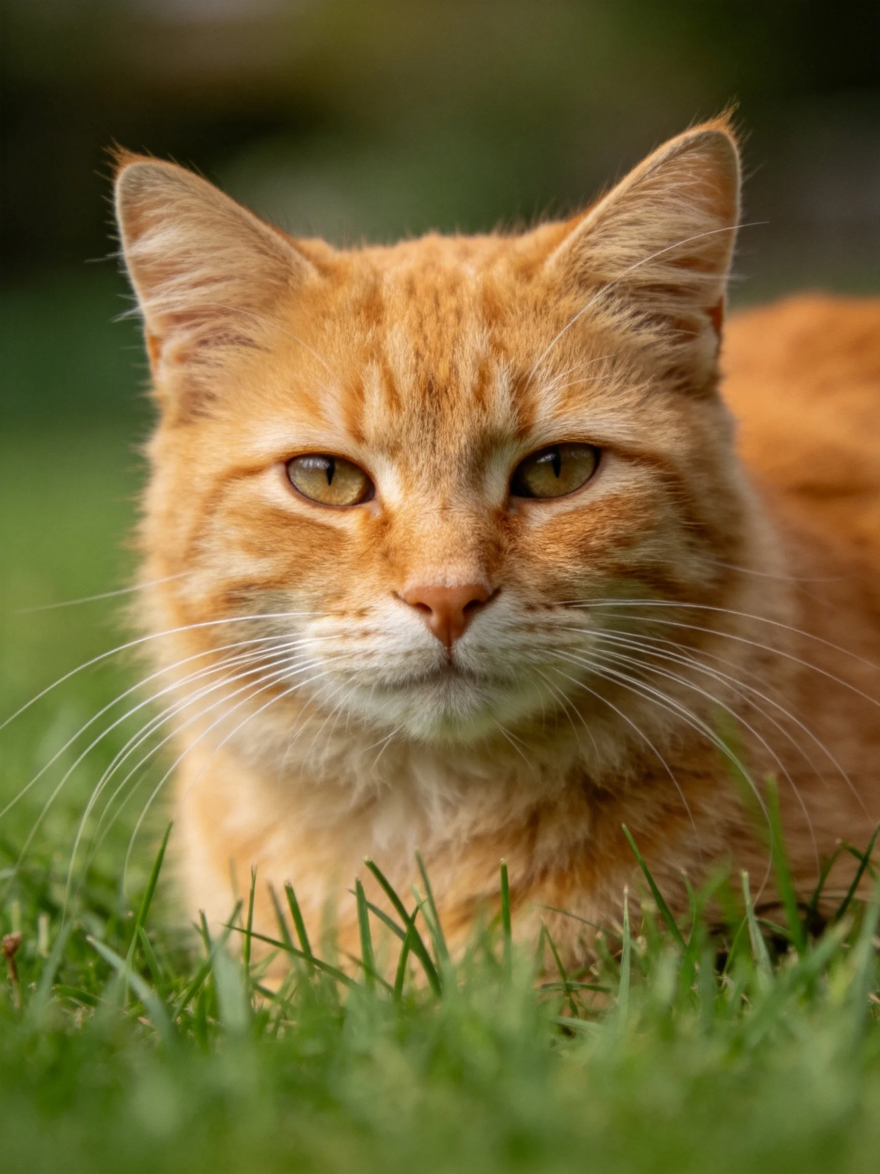 A close - up of an orange tabby cat sitting on green grass in nature.