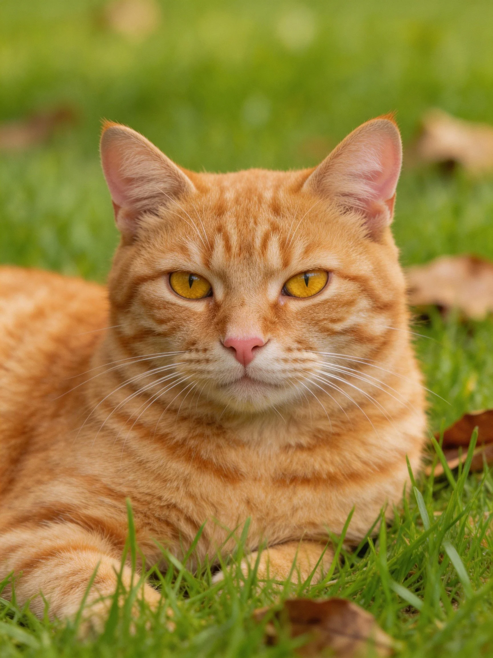 An orange tabby cat relaxes on green grass in a natural setting.