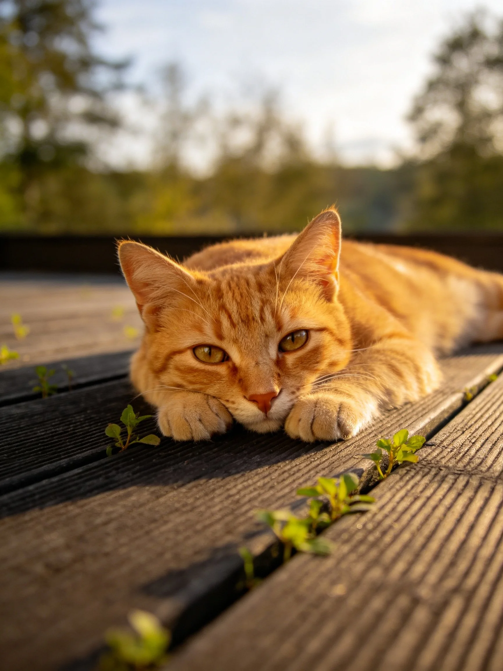 An orange tabby cat resting on weathered wooden planks outdoors