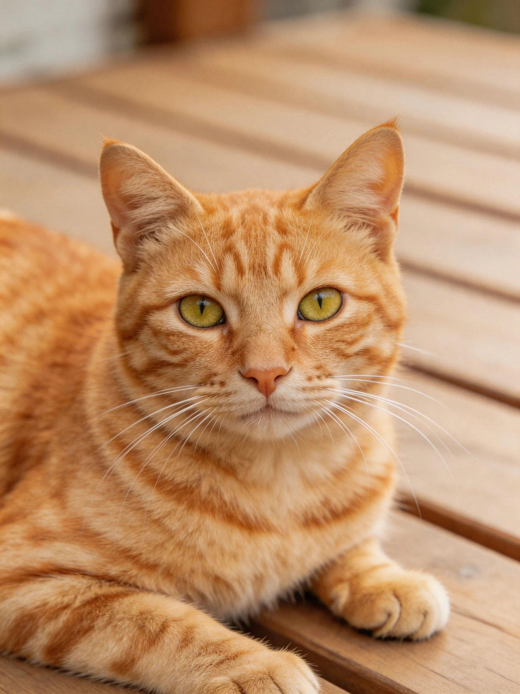 An orange tabby cat resting on wooden planks