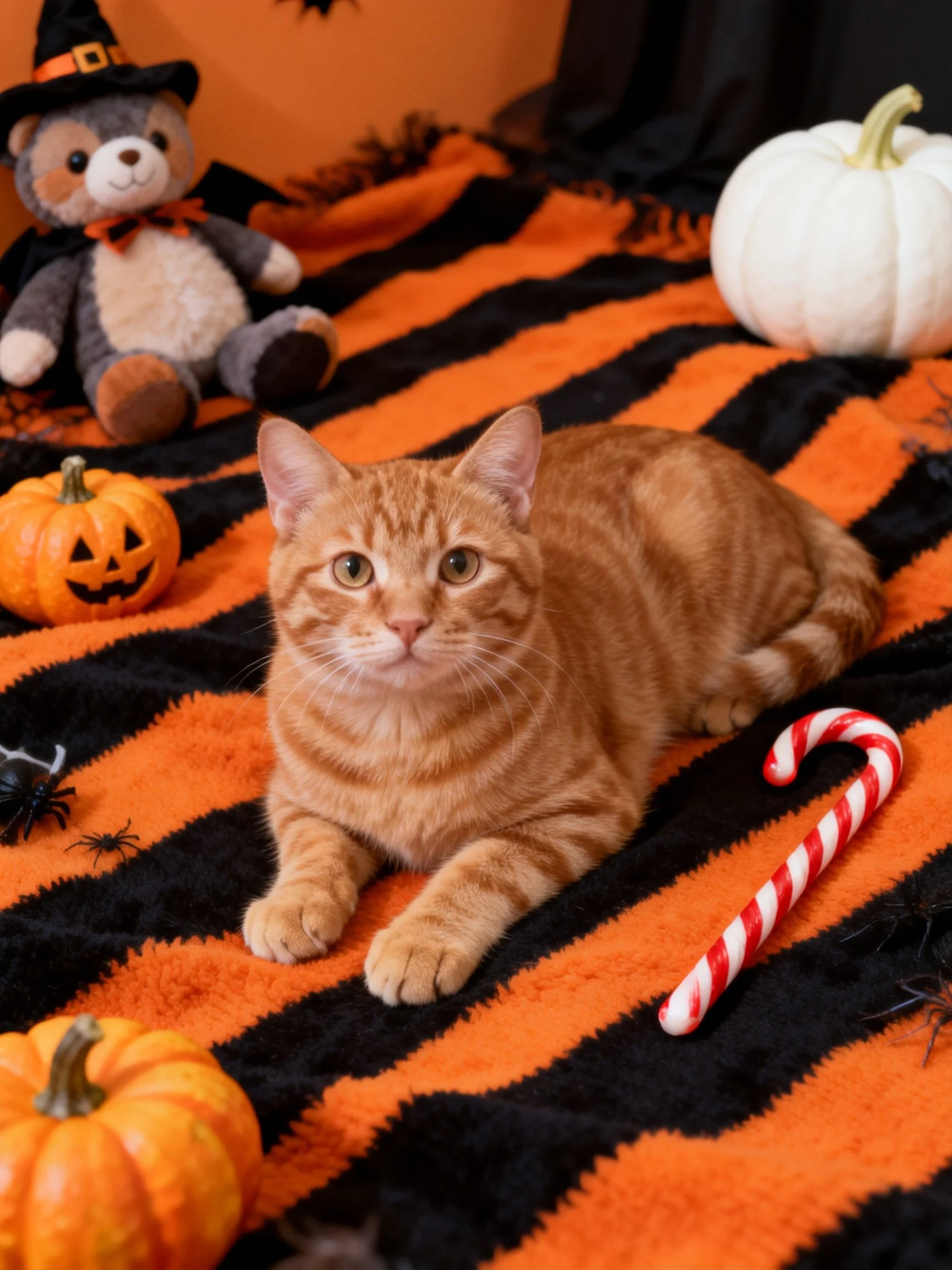 An orange tabby cat lies on a black-orange striped blanket with Halloween decorations nearby.