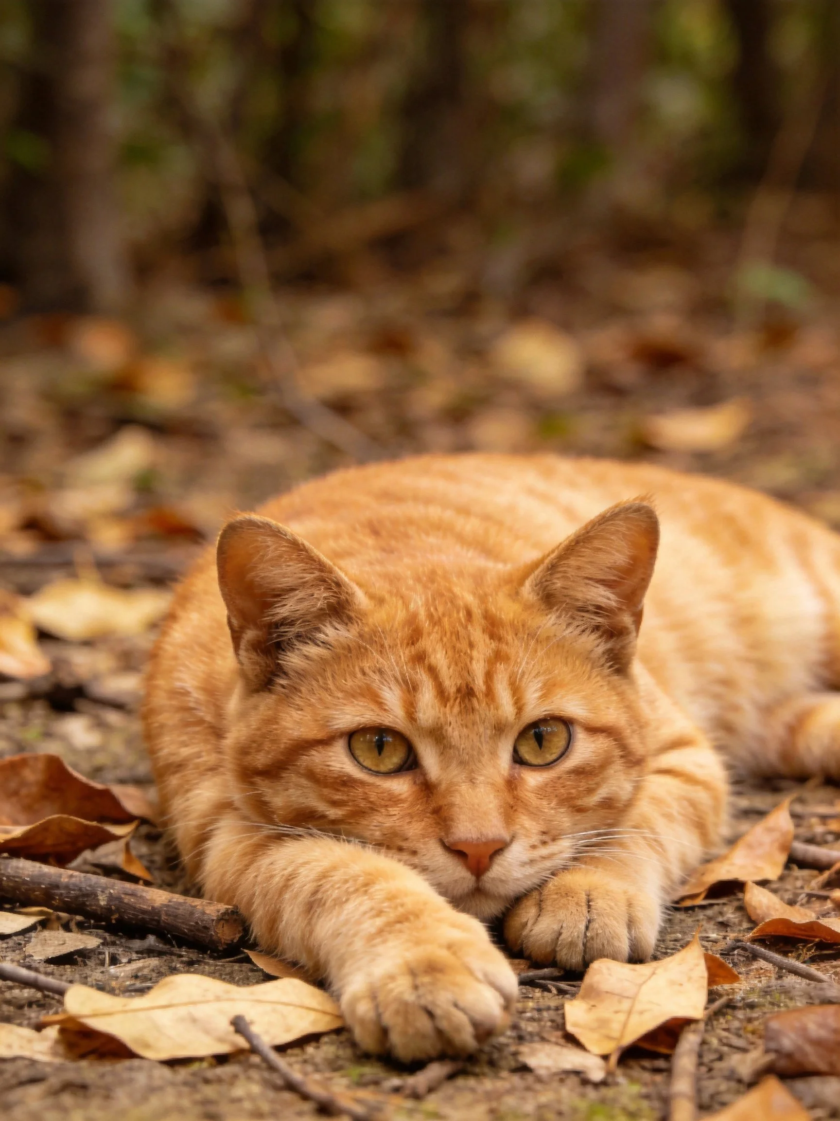 An orange tabby cat lies calmly among fallen leaves and twigs in a natural outdoor space.