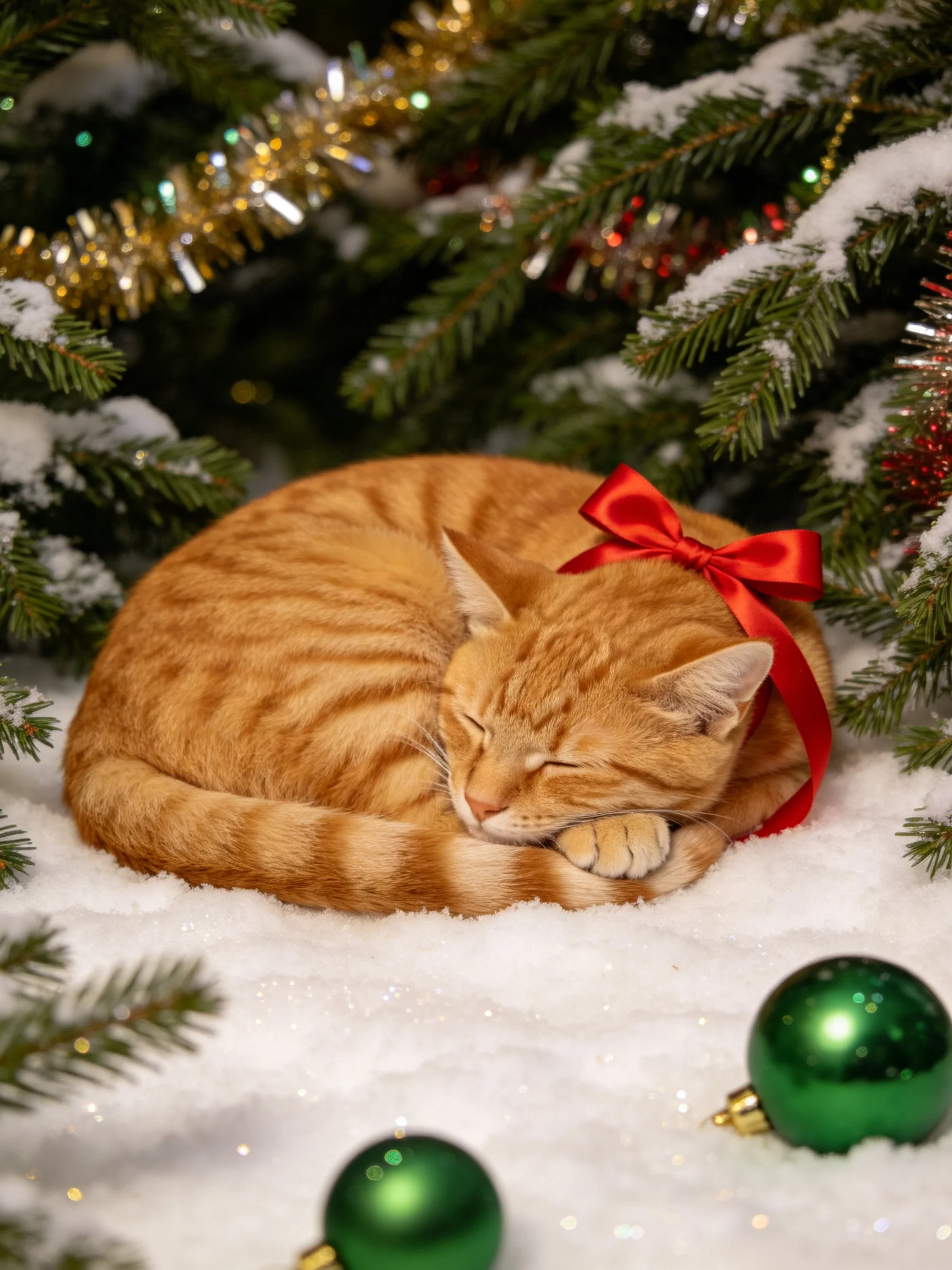 An orange tabby cat sleeps amid festive decorations and snow