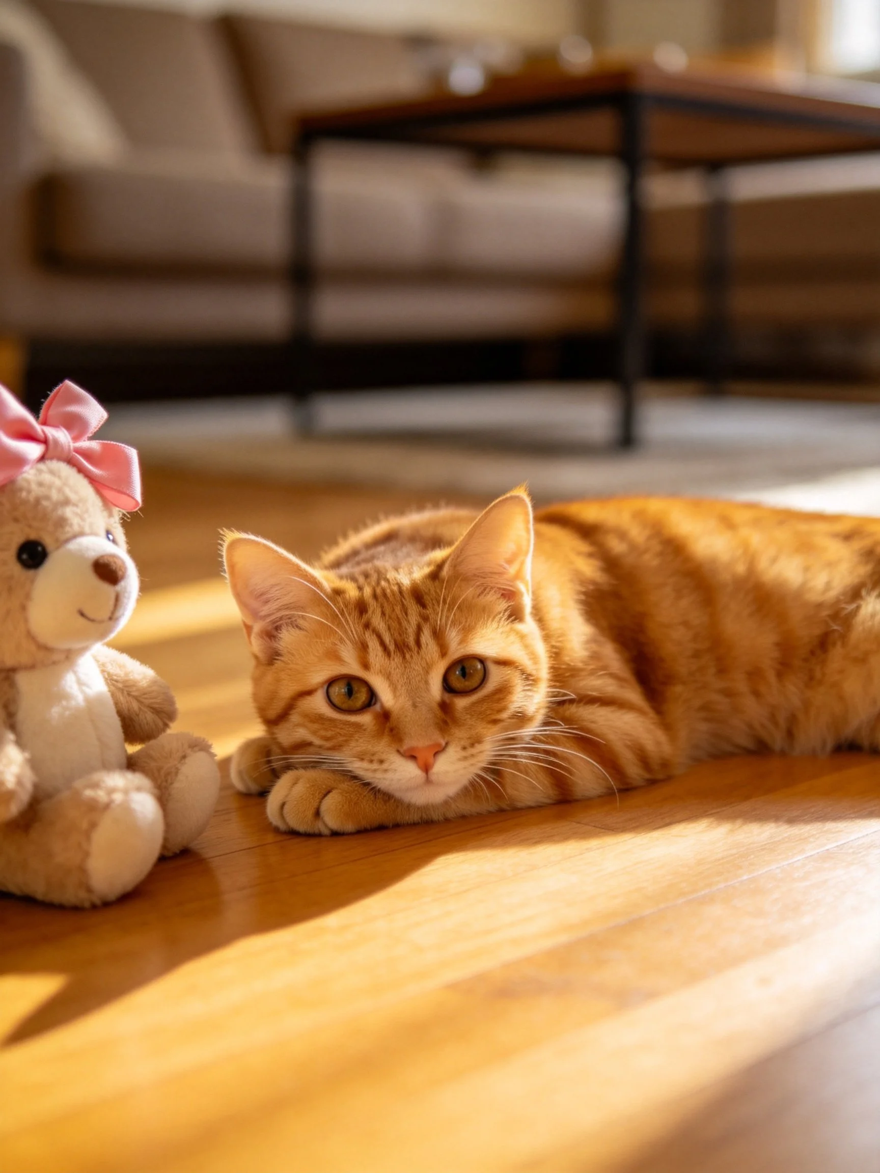 An orange tabby cat relaxes near a pink-bowed teddy bear on a sunlit wooden floor.
