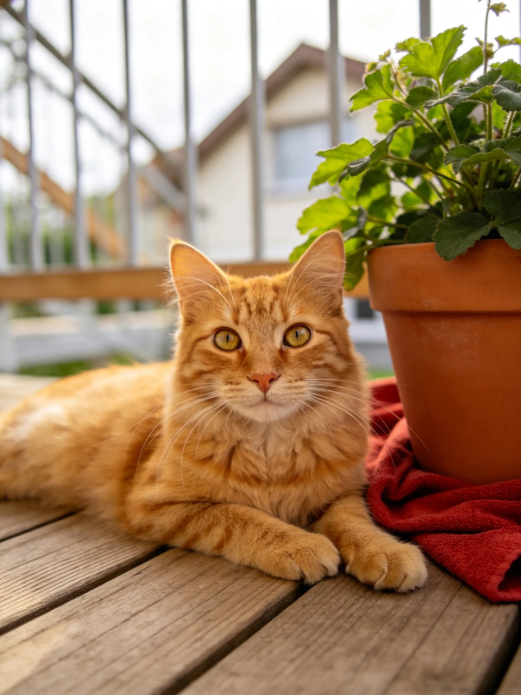 An orange tabby cat relaxes near a terracotta plant pot on an outdoor wooden deck.